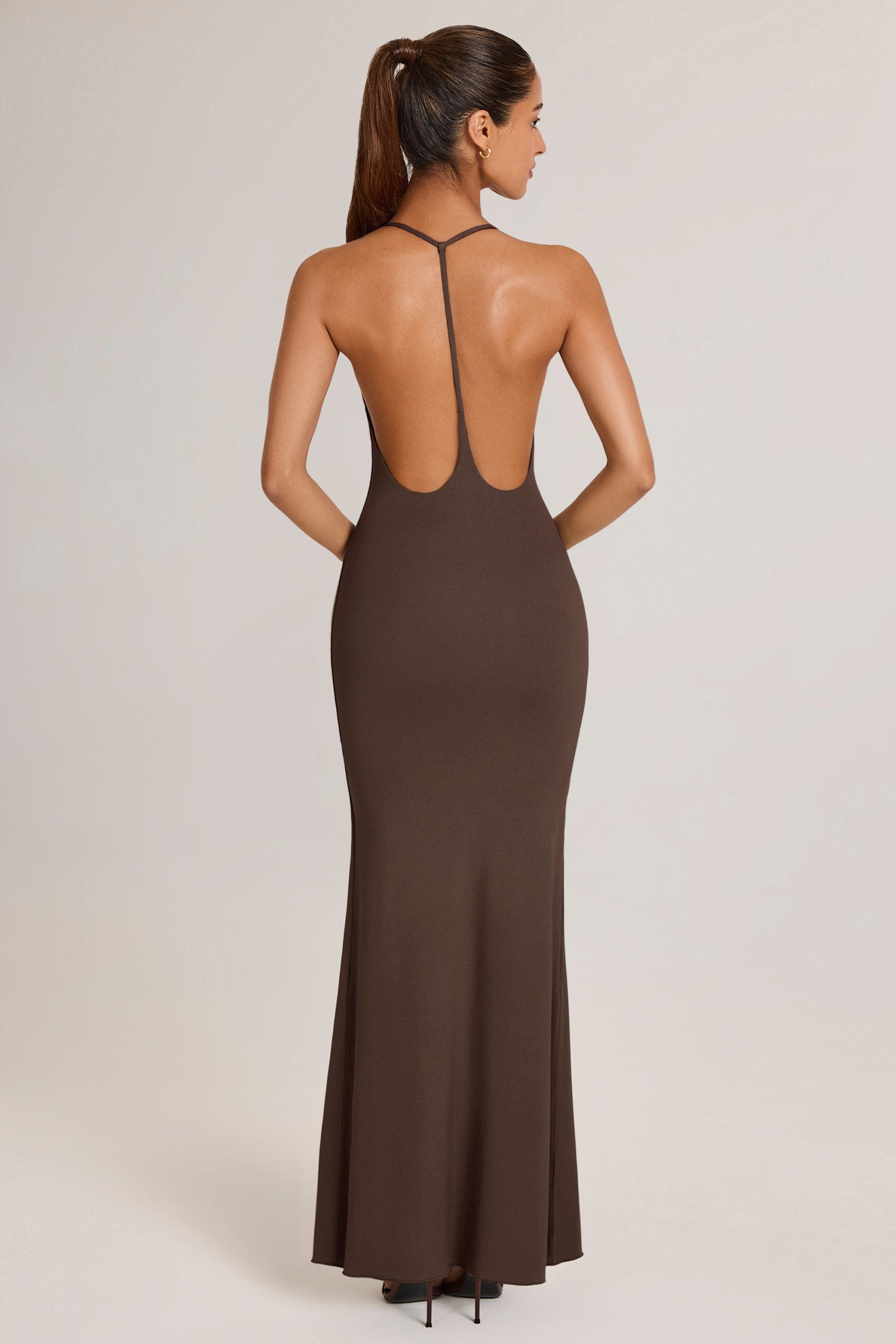 Modal Plunge Backless Maxi Dress in Chocolate Brown - Image 3