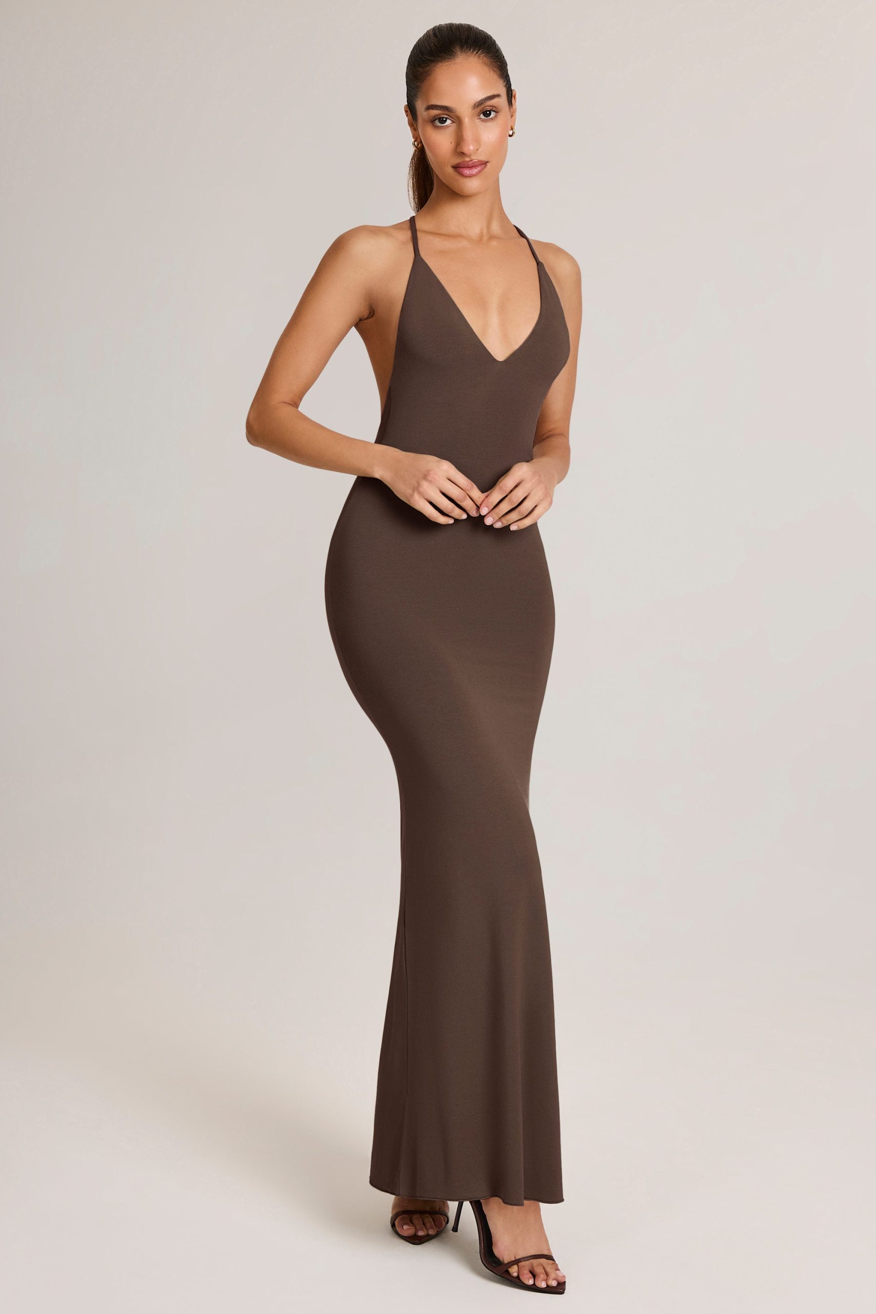 Modal Plunge Backless Maxi Dress in Chocolate Brown - Image 5