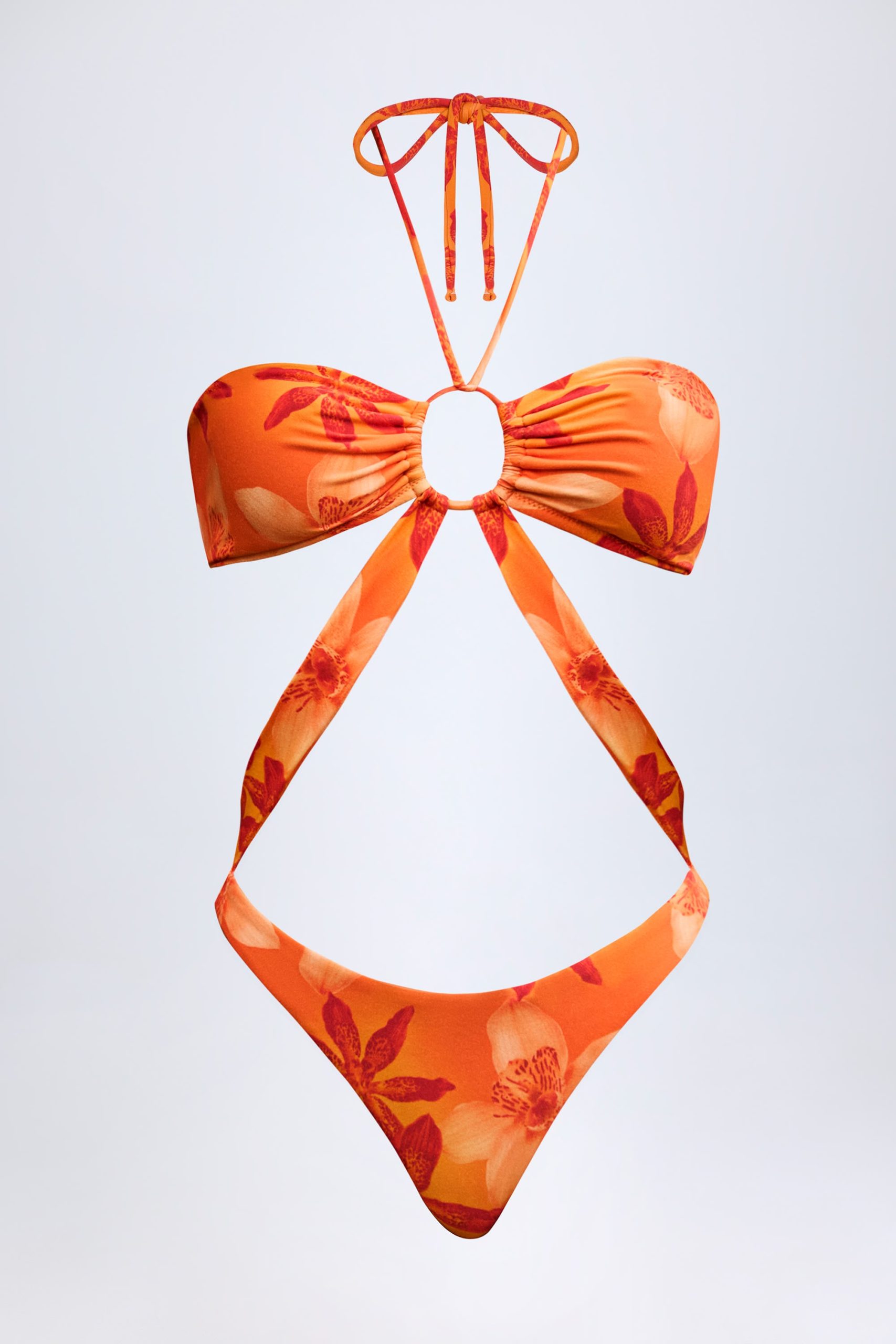 Cut-Out Halterneck Swimsuit in Orange Orchid Print - Image 3