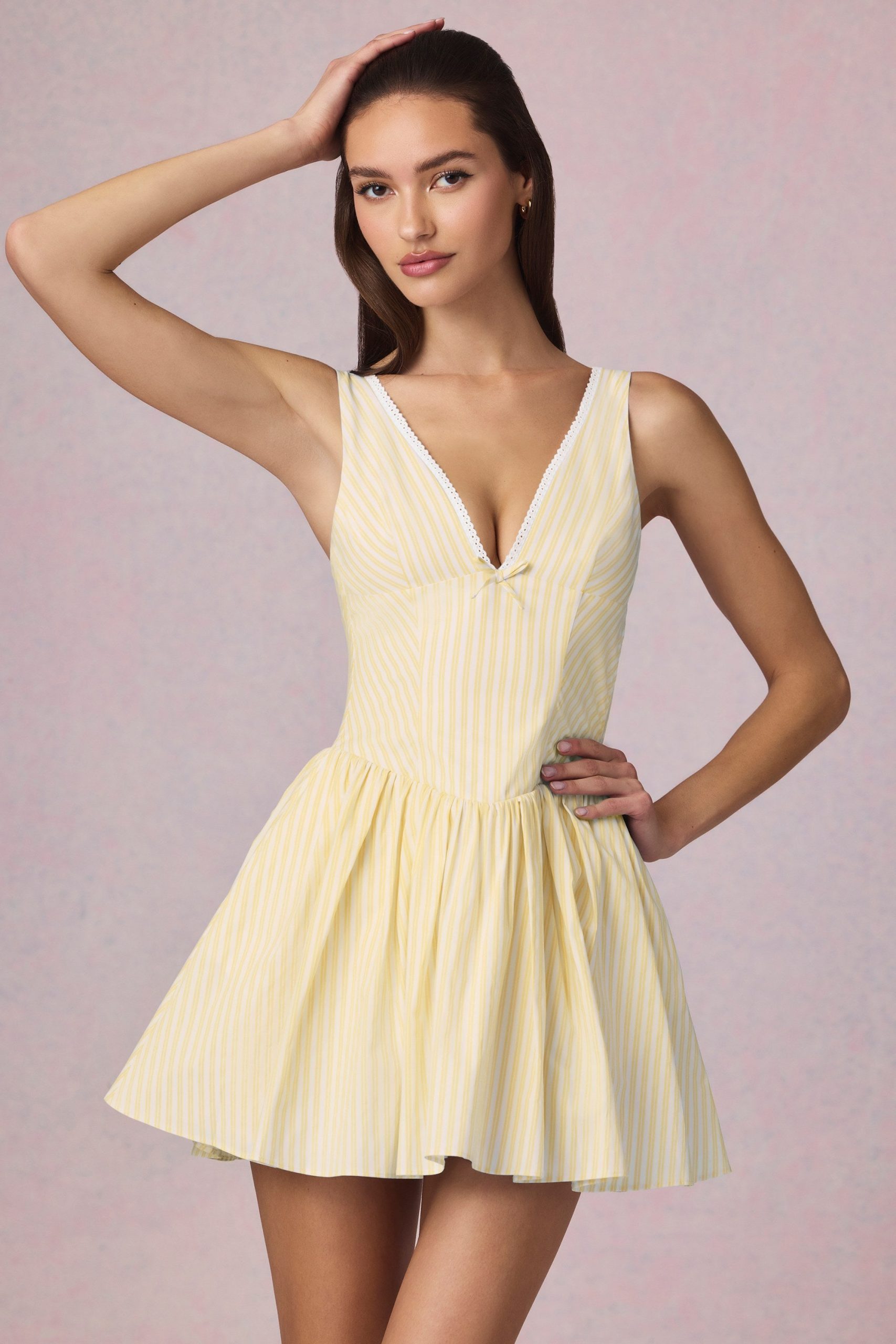 Bow-Detail A-Line Mini Dress in Lemon Yellow Stripe - Image 5