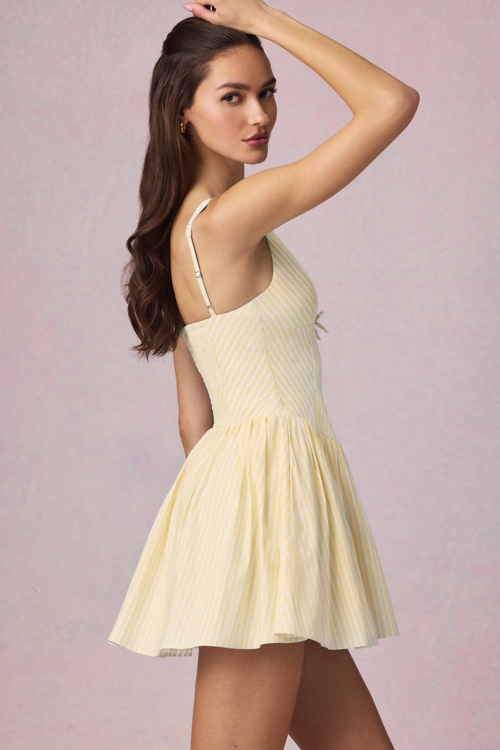 Bow-Detail A-Line Mini Dress in Lemon Yellow Stripe - Image 7
