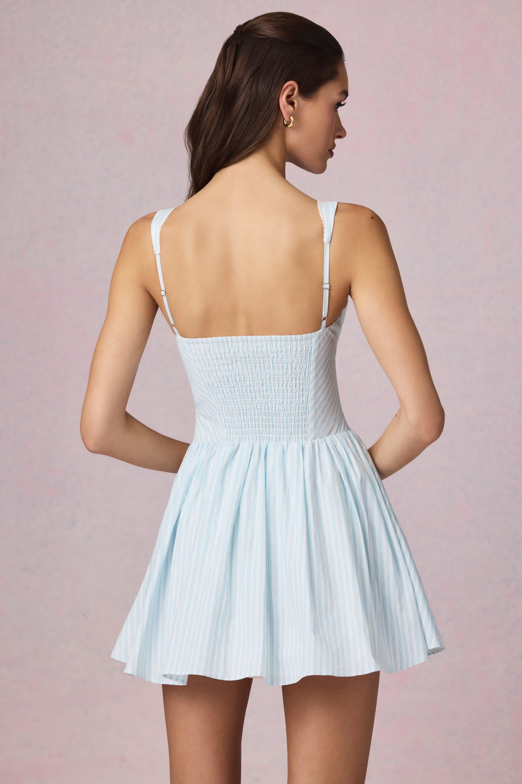 Bow-Detail A-Line Mini Dress in Powder Blue Stripe - Image 3