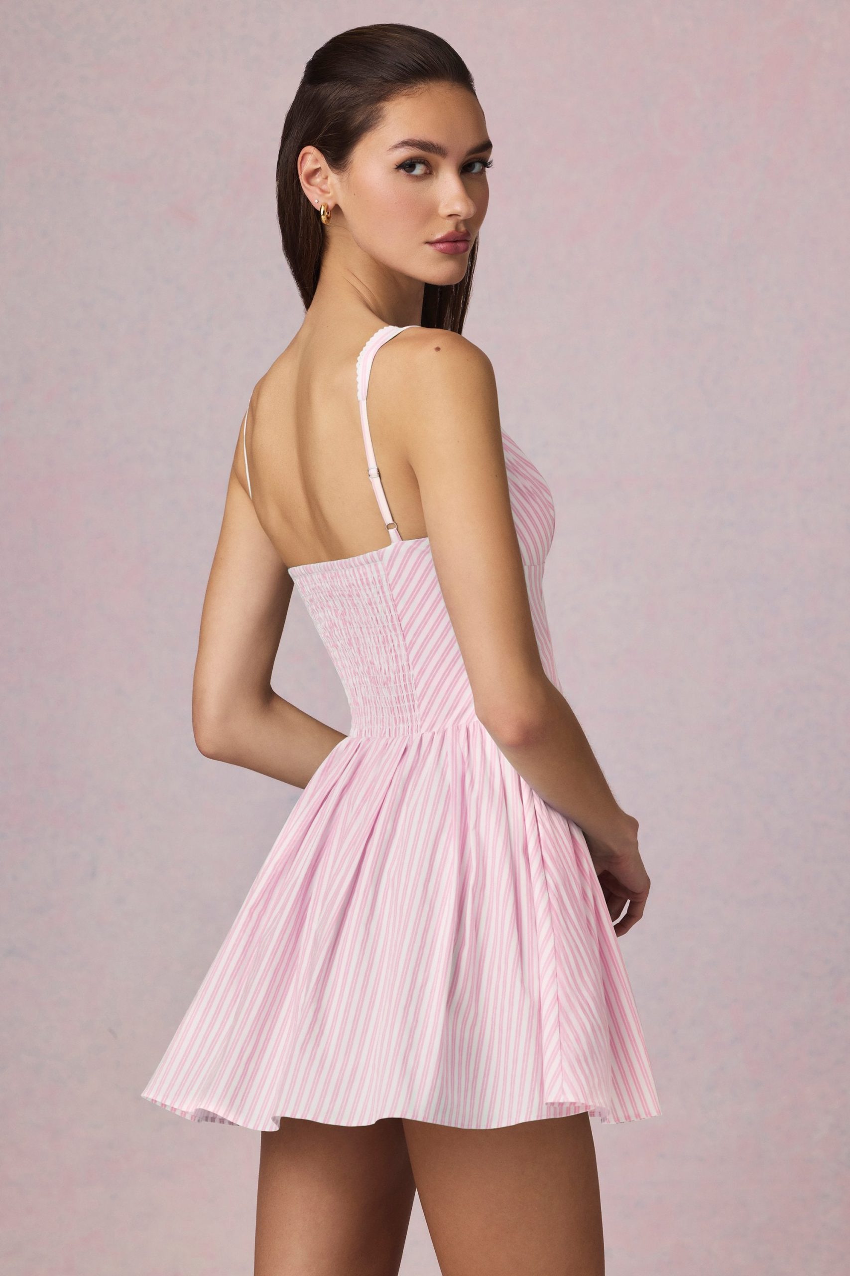 Bow-Detail A-Line Mini Dress in Soft Mauve Stripe - Image 2