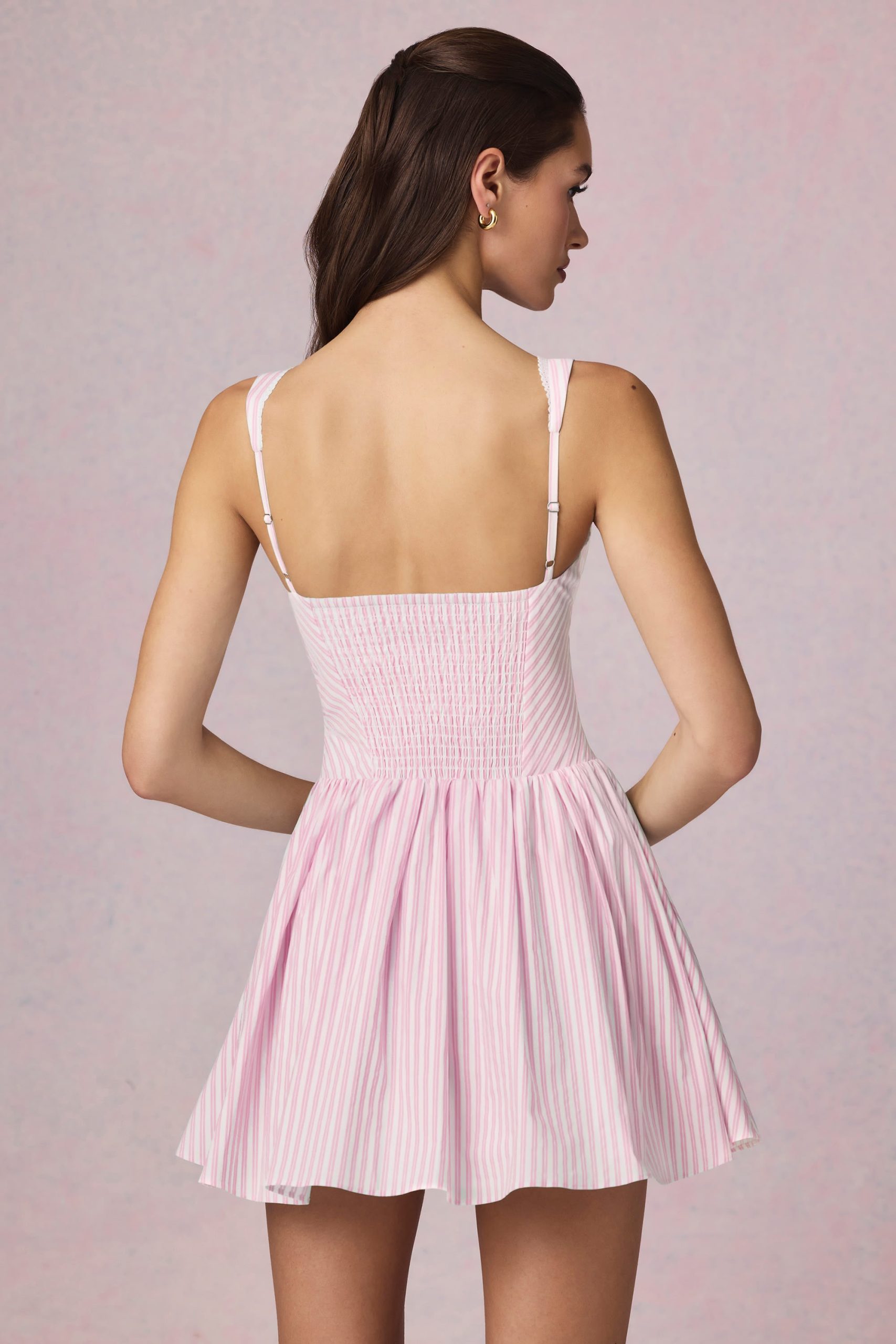 Bow-Detail A-Line Mini Dress in Soft Mauve Stripe - Image 3
