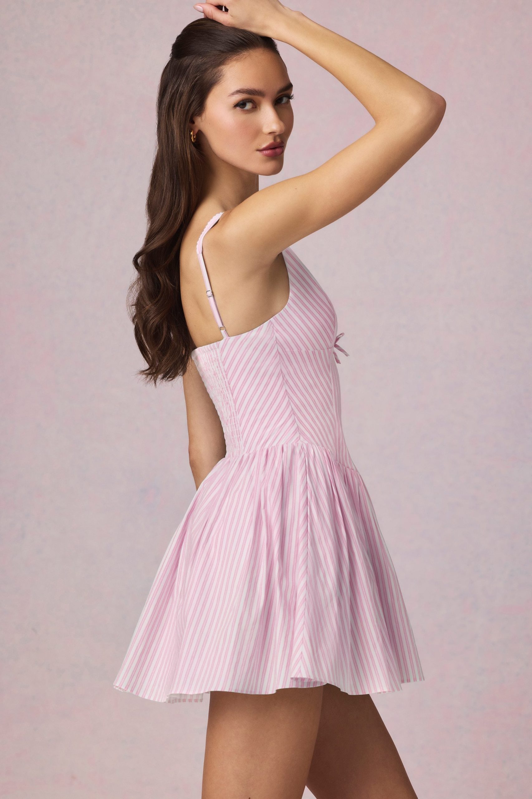 Bow-Detail A-Line Mini Dress in Soft Mauve Stripe - Image 8