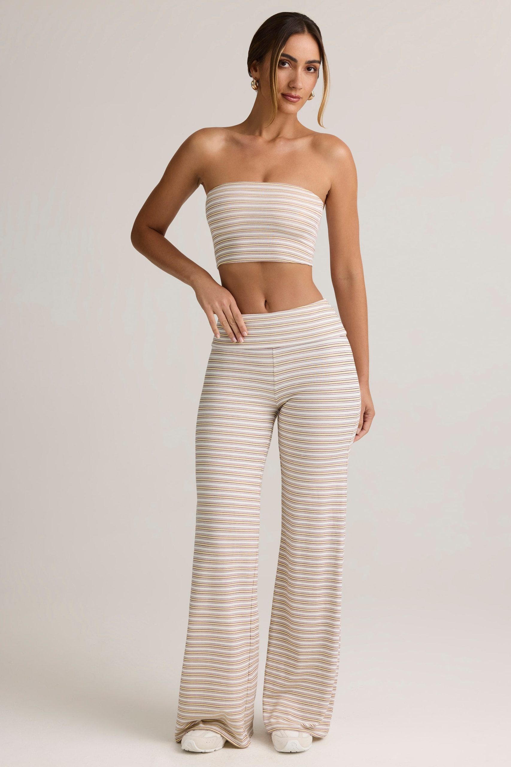 Modal Foldover Wide-Leg Trousers in Pink & Yellow Stripe - Image 4