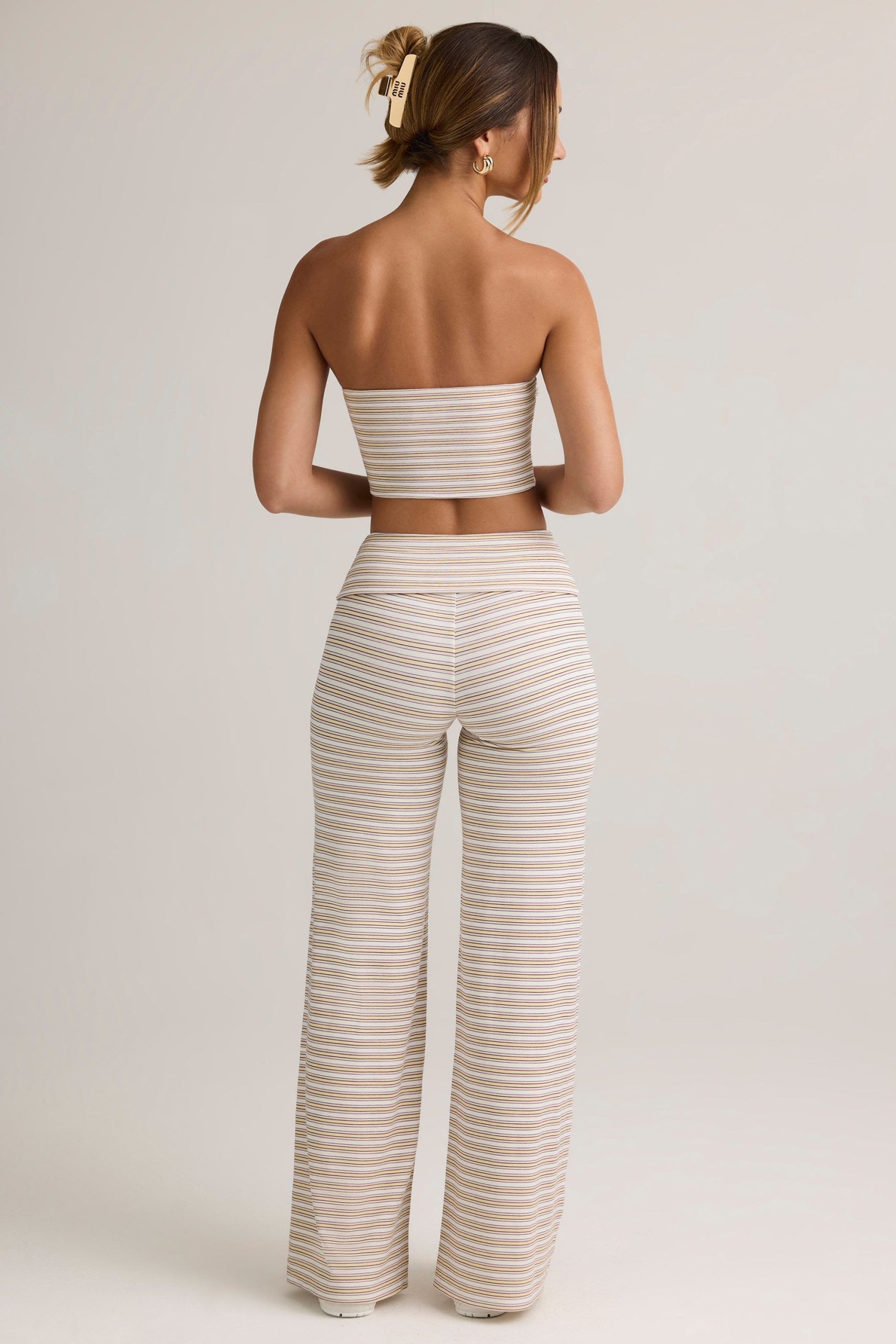 Modal Foldover Wide-Leg Trousers in Pink & Yellow Stripe - Image 5