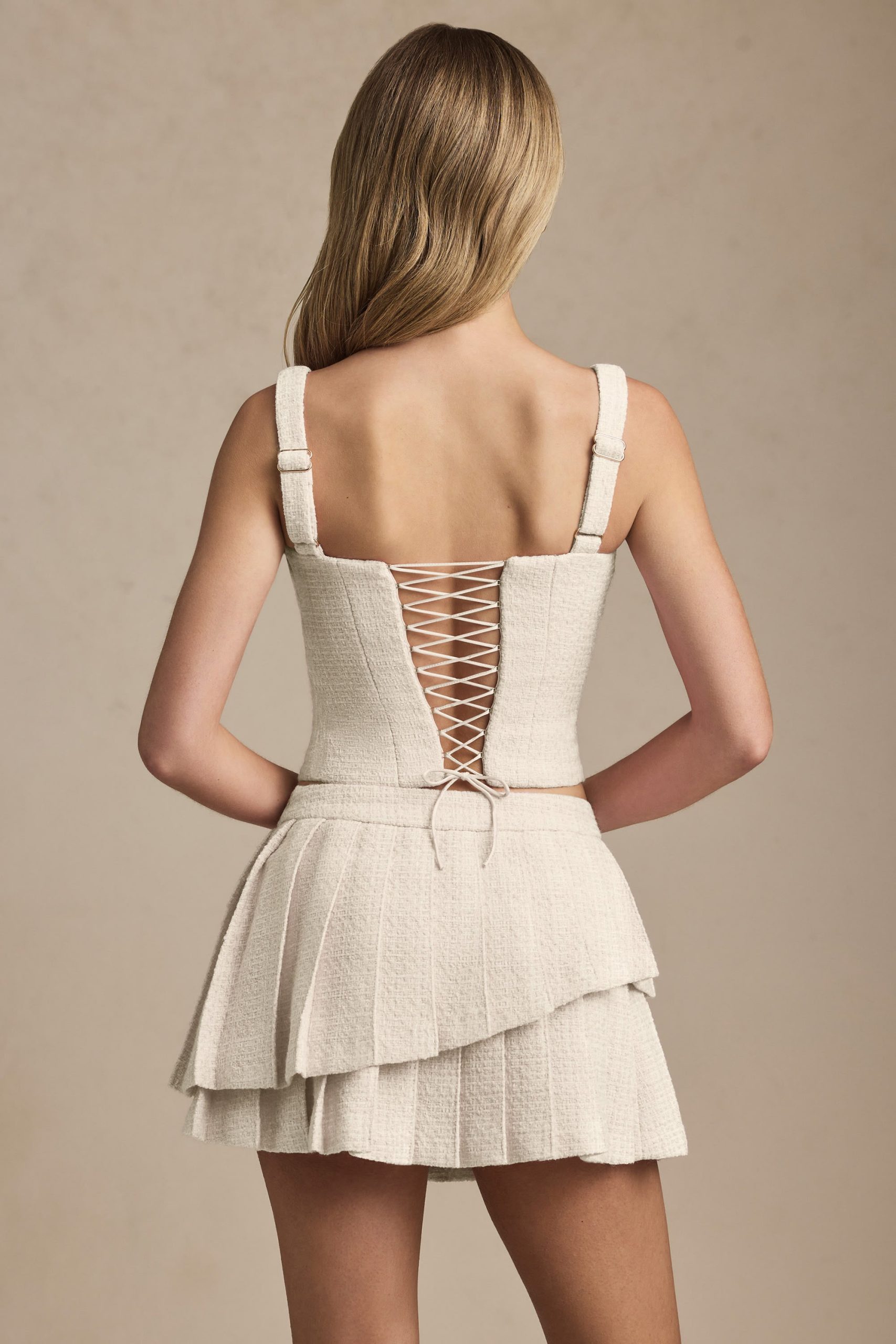Layered Pleated Low-Rise Mini Skirt in Ivory - Image 2