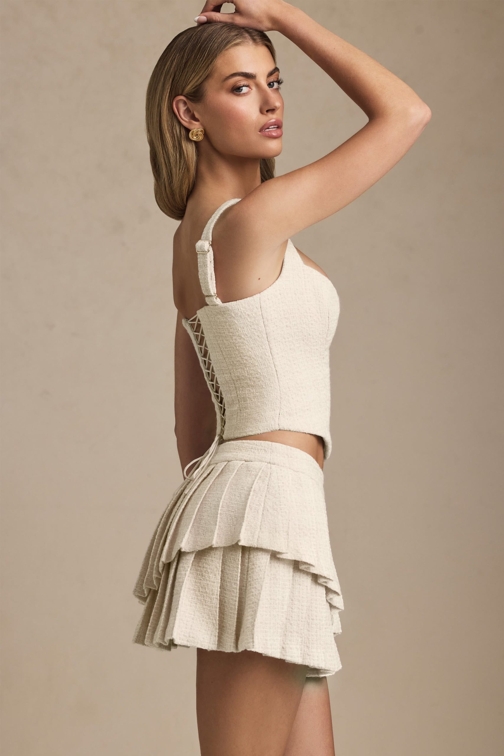 Layered Pleated Low-Rise Mini Skirt in Ivory - Image 3