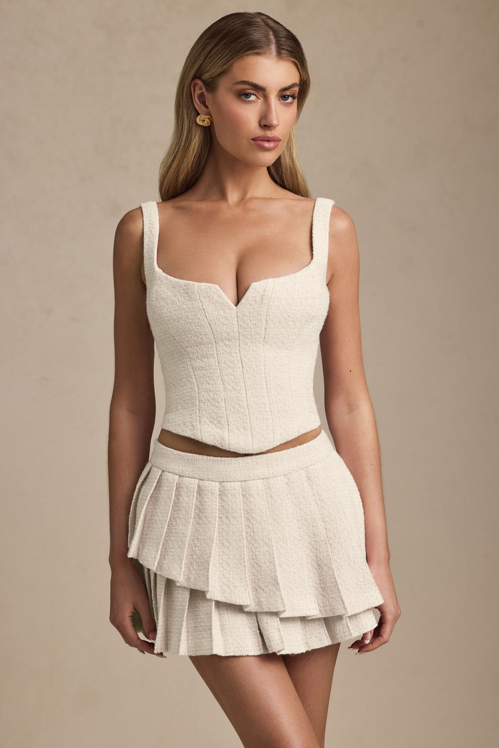 Layered Pleated Low-Rise Mini Skirt in Ivory - Image 4