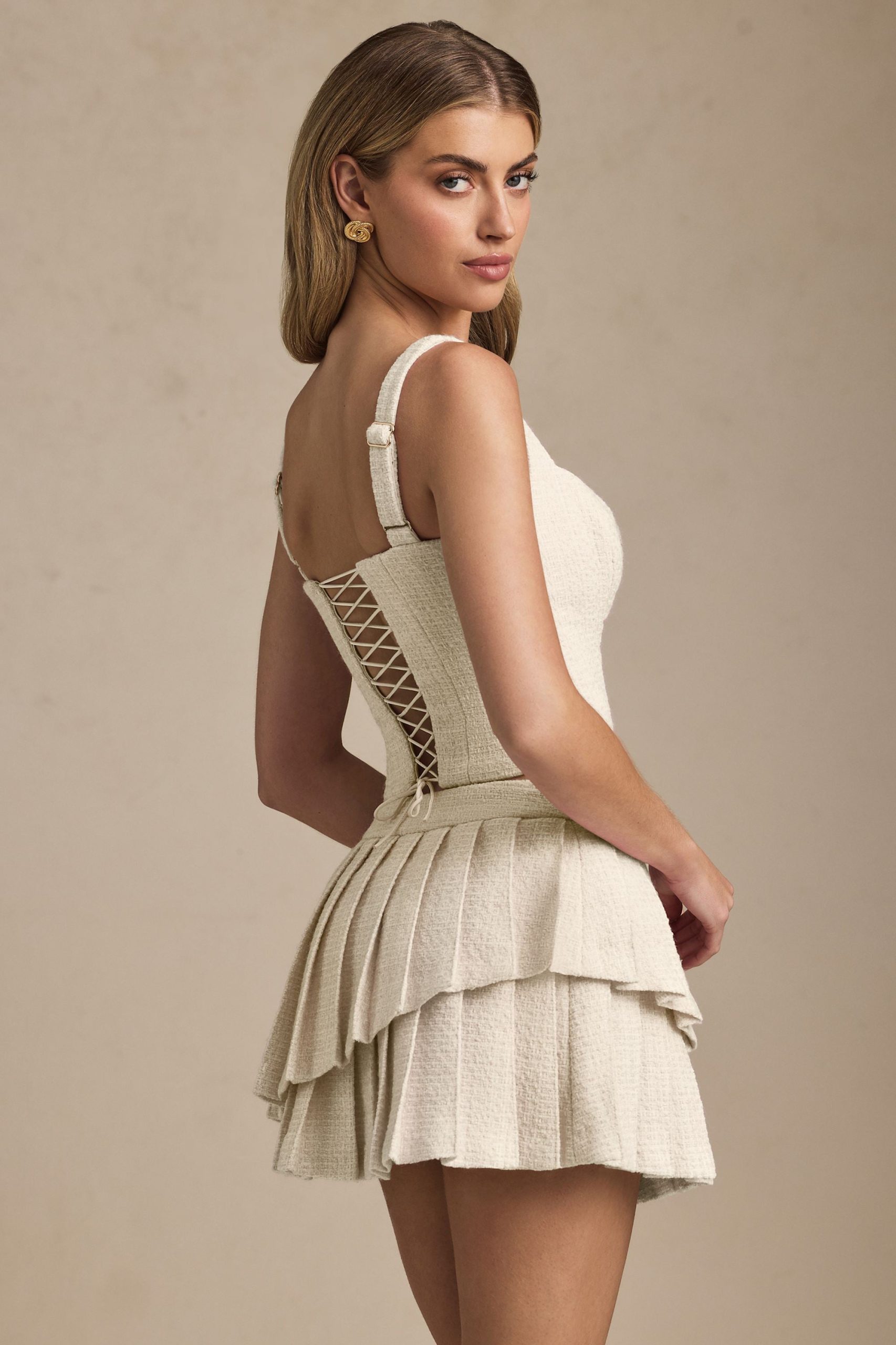 Layered Pleated Low-Rise Mini Skirt in Ivory - Image 5