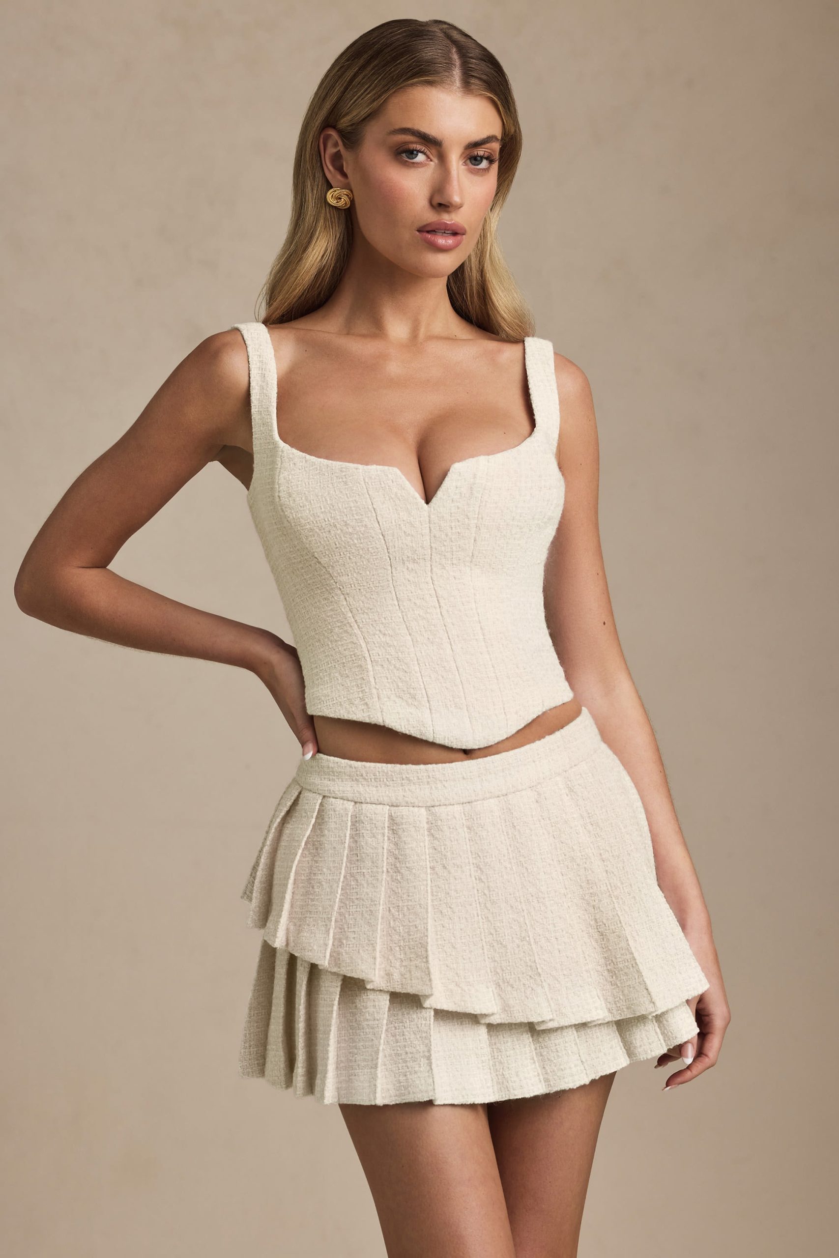 Layered Pleated Low-Rise Mini Skirt in Ivory - Image 6