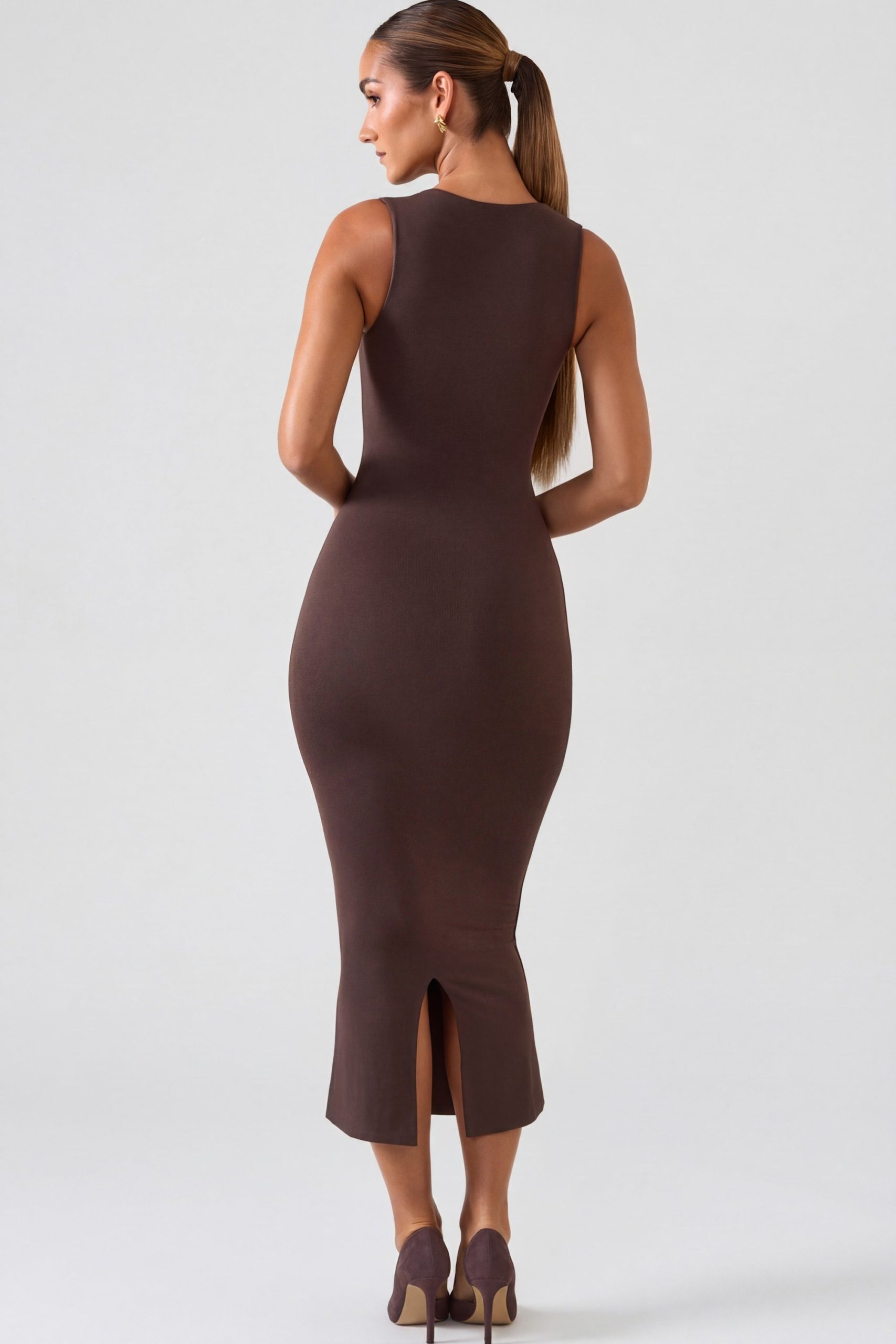 Square Neck Midi Dress in Chocolate Brown - Image 2