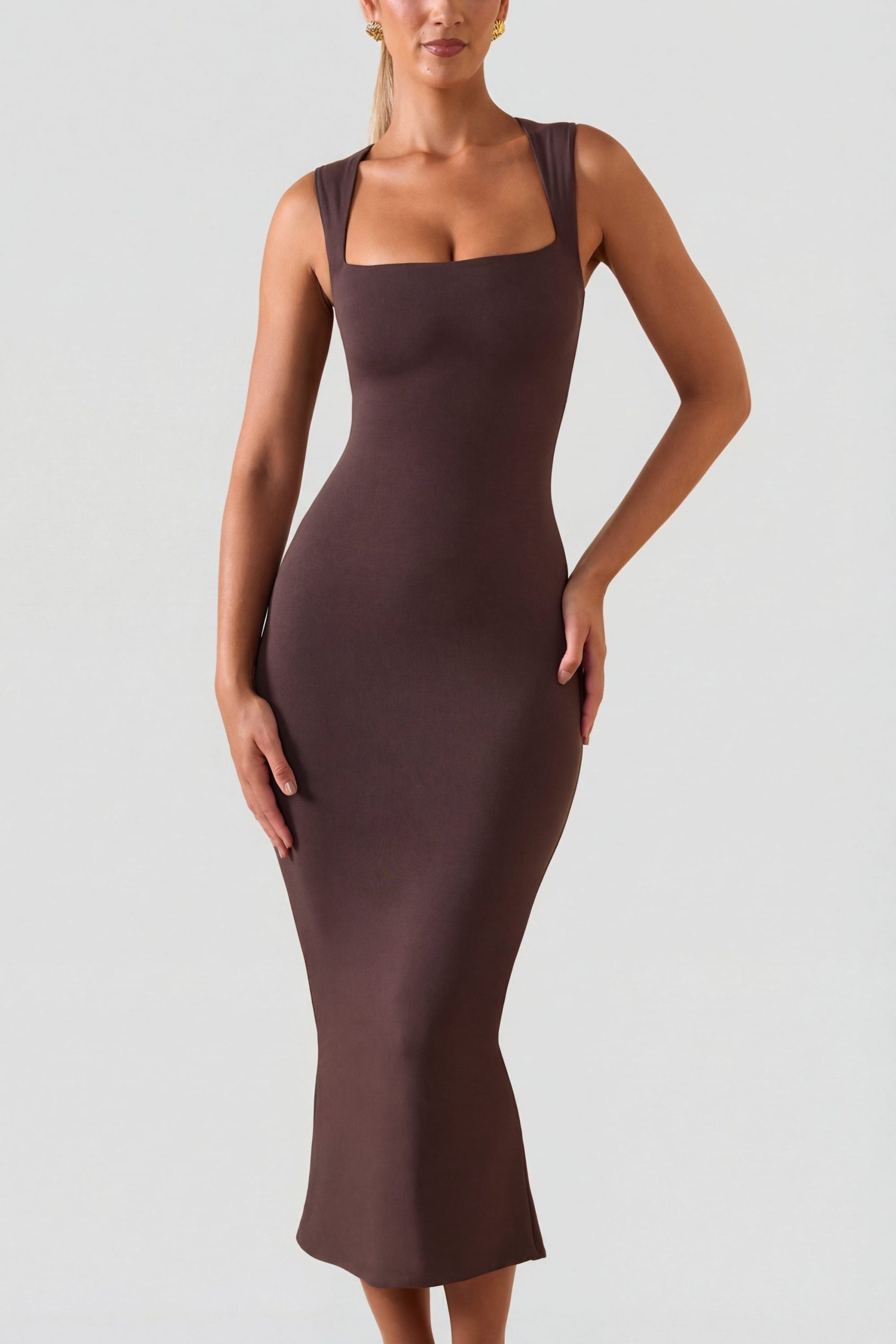 Square Neck Midi Dress in Chocolate Brown - Image 4