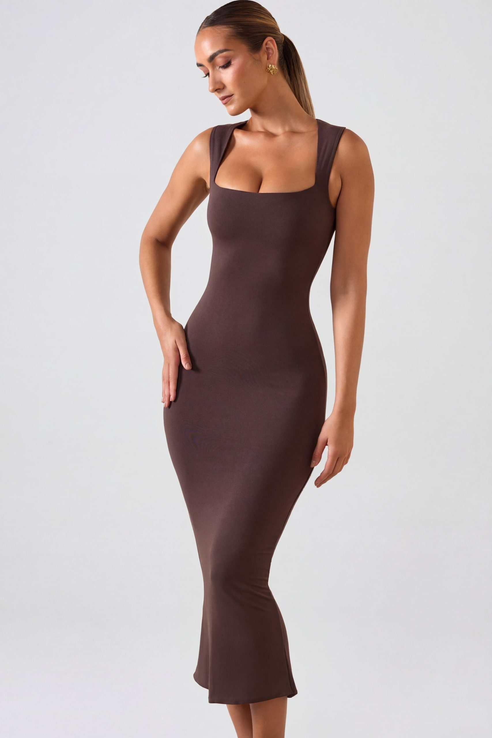 Square Neck Midi Dress in Chocolate Brown - Image 5