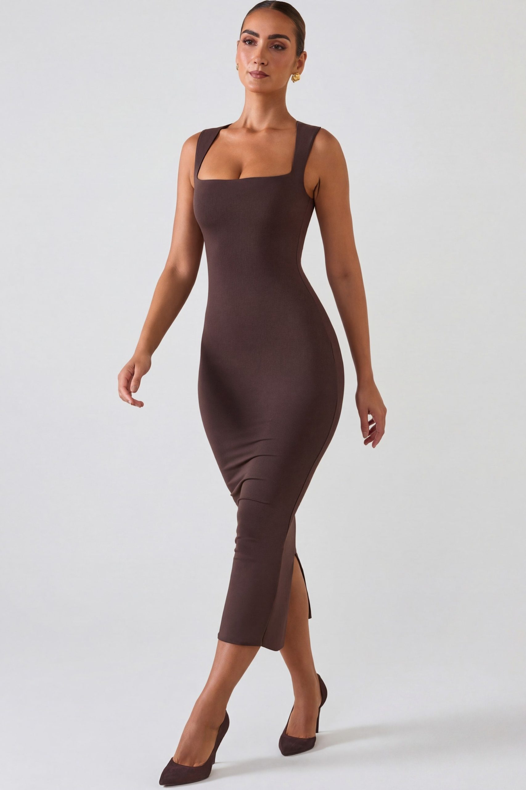 Square Neck Midi Dress in Chocolate Brown - Image 6