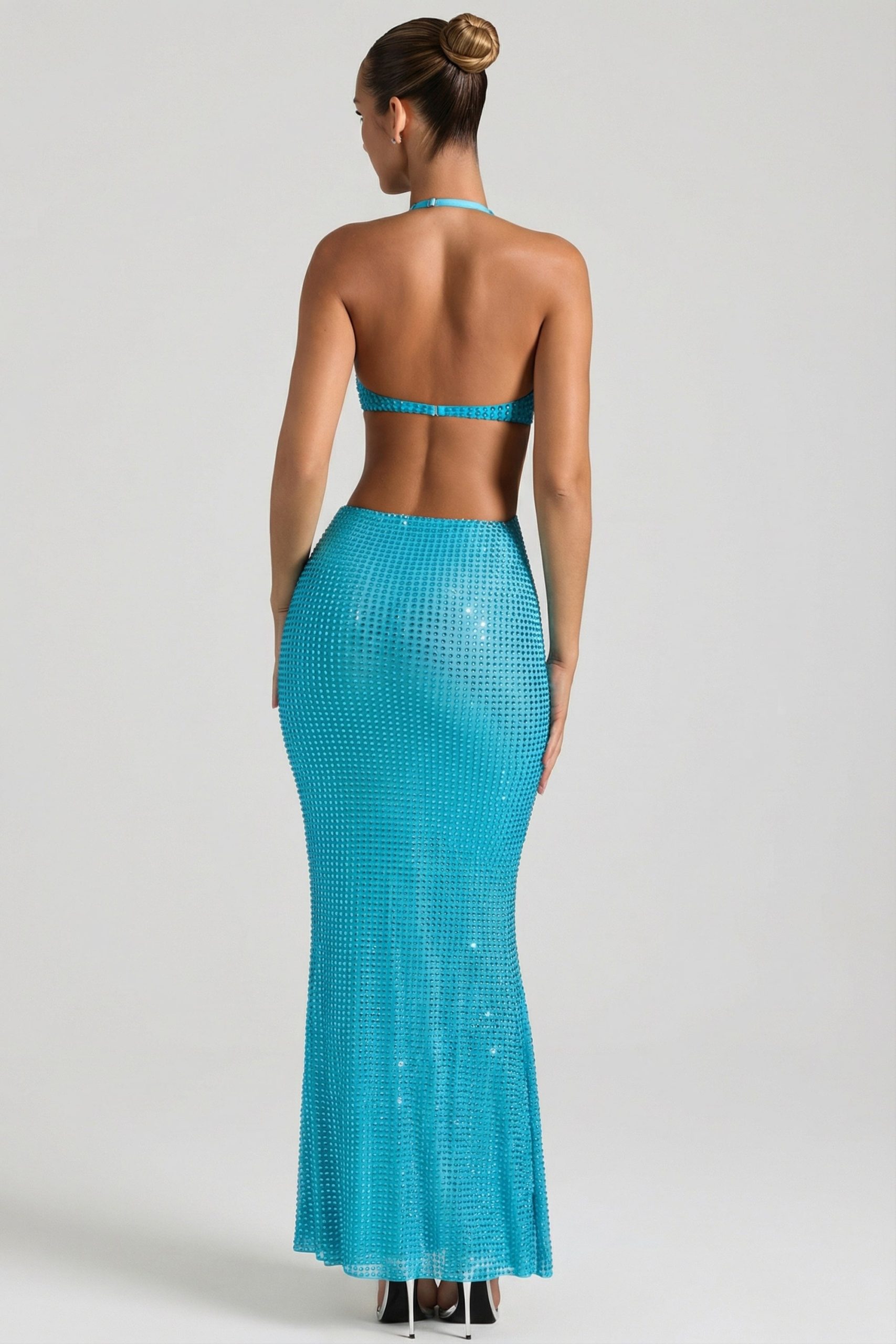 Embellished Cut-Out Halterneck Maxi Dress in Aqua Blue - Image 2