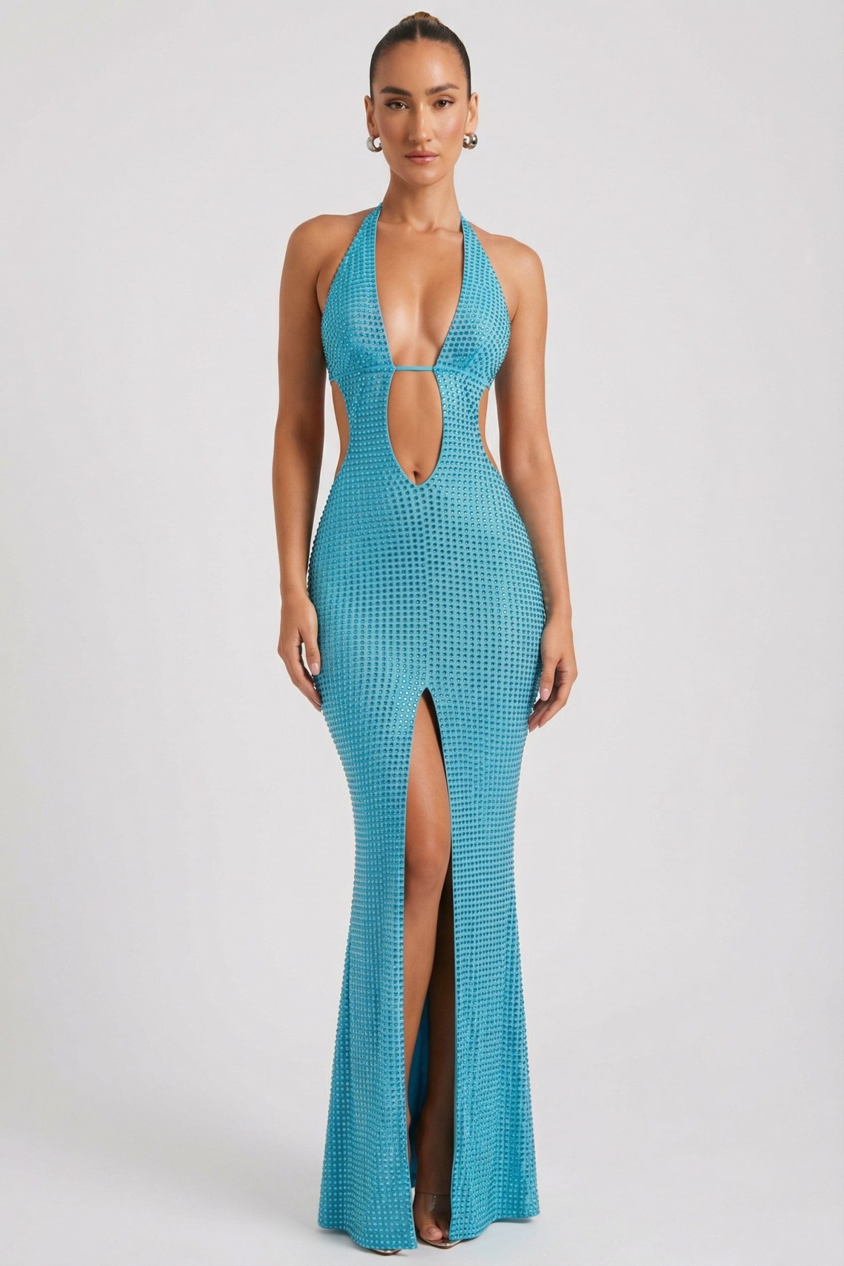 Embellished Cut-Out Halterneck Maxi Dress in Aqua Blue - Image 7
