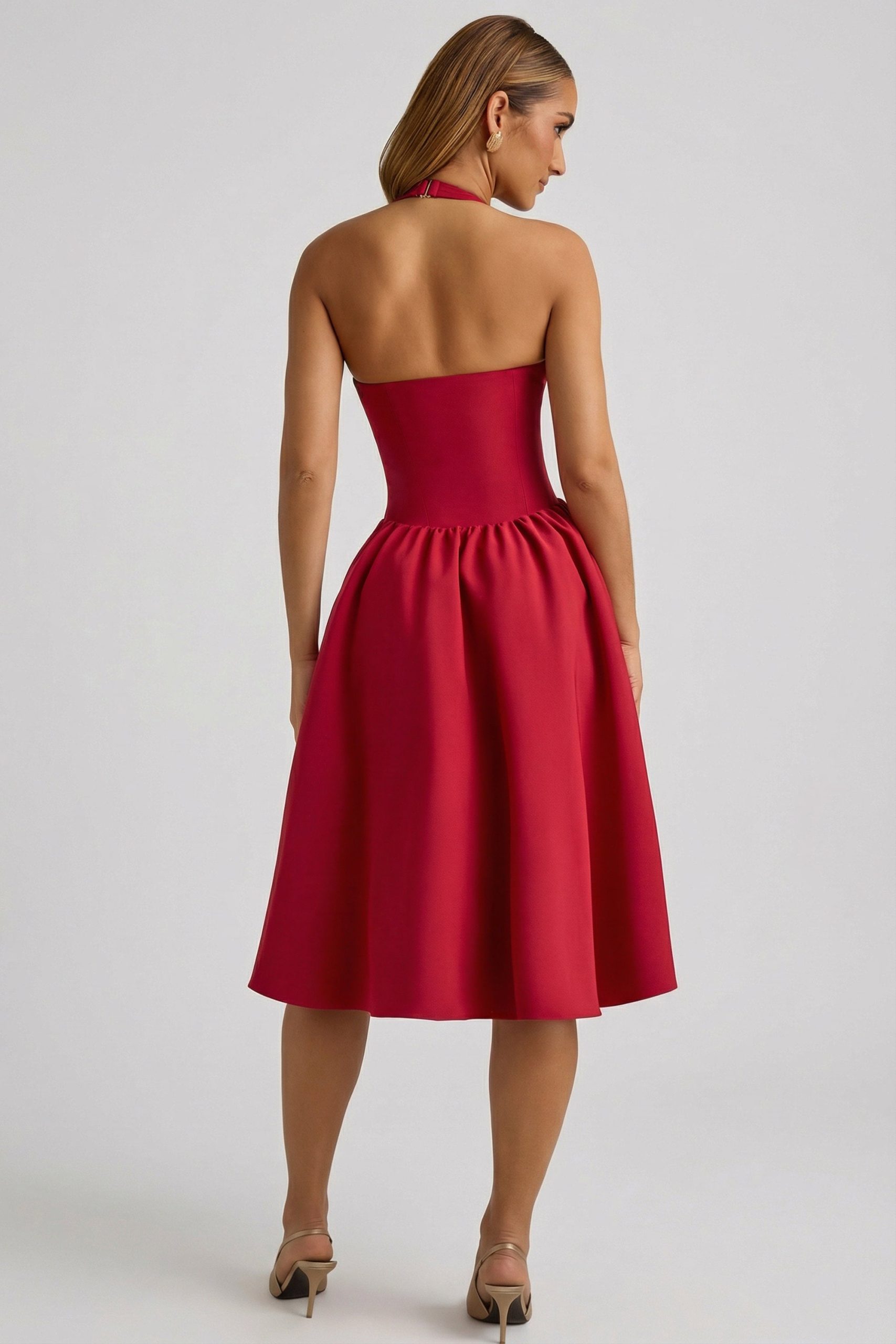 Halterneck Bow-Detail Midi Dress in True Red - Image 2