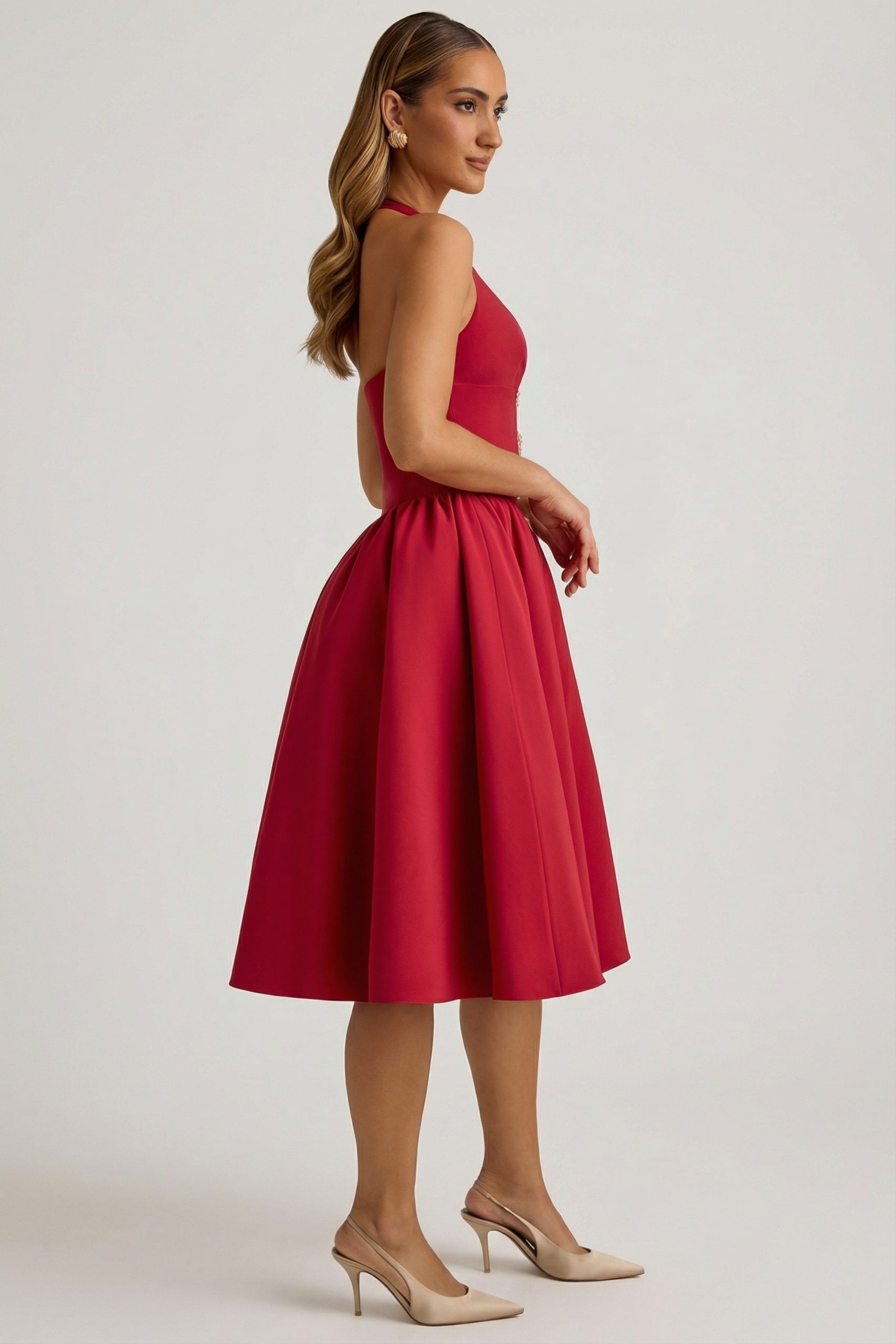 Halterneck Bow-Detail Midi Dress in True Red - Image 4