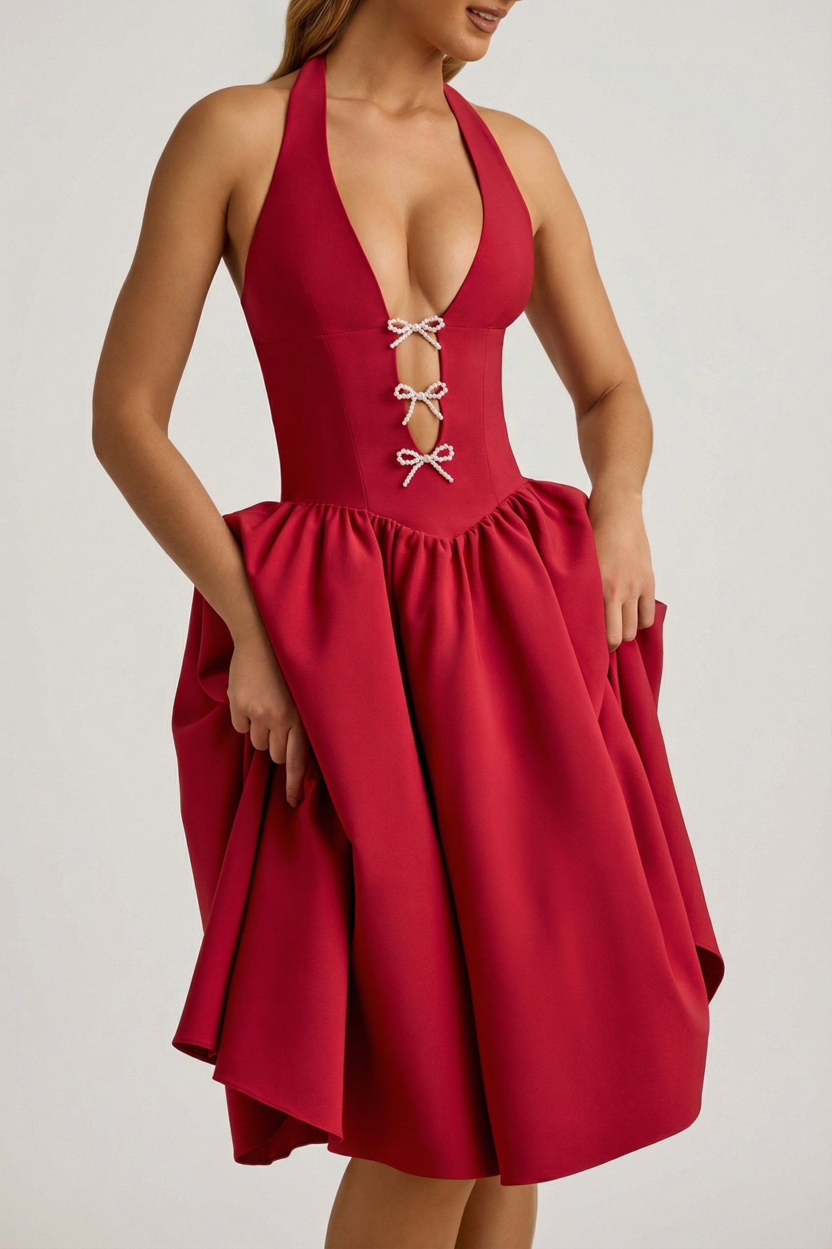Halterneck Bow-Detail Midi Dress in True Red - Image 7