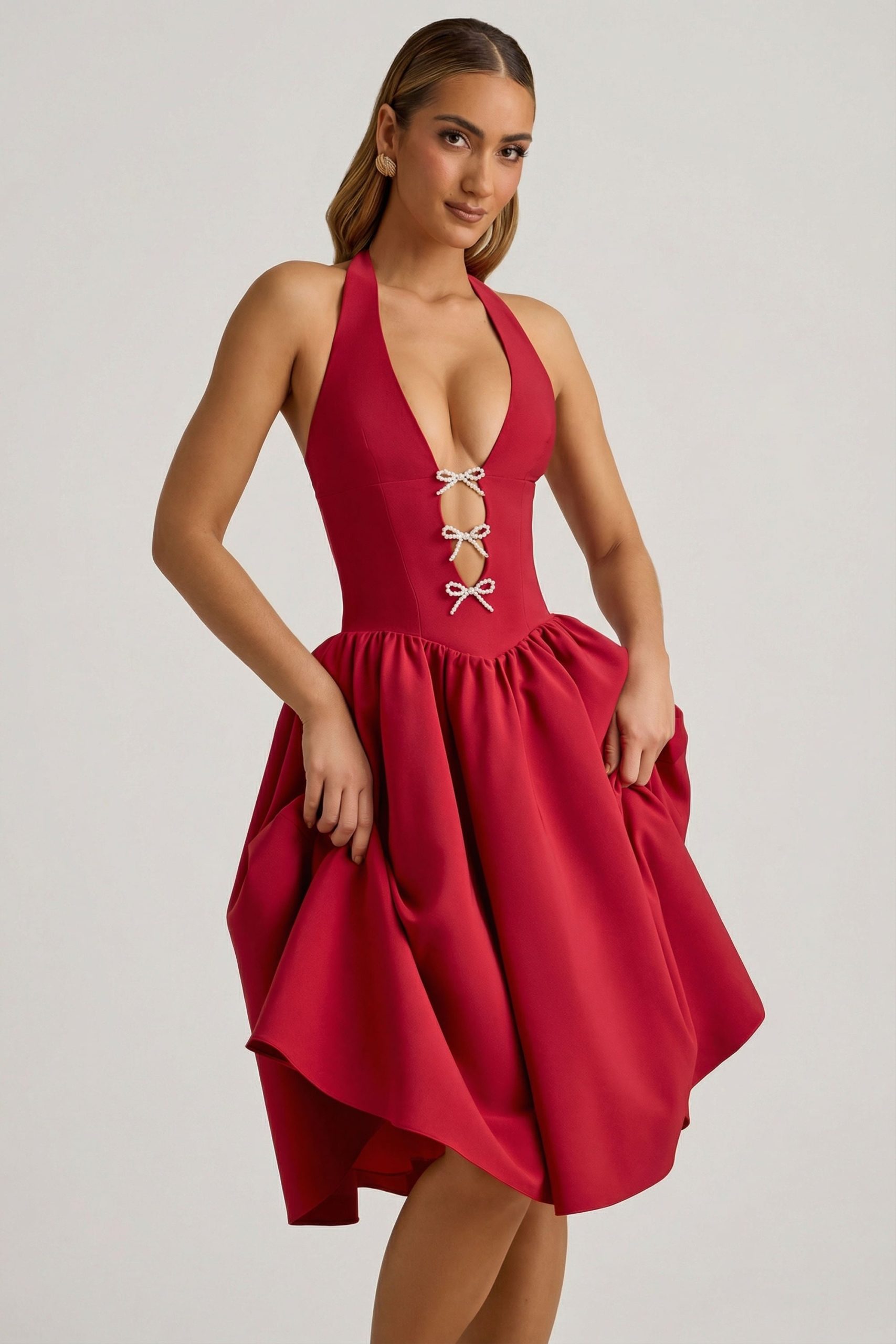 Halterneck Bow-Detail Midi Dress in True Red - Image 8
