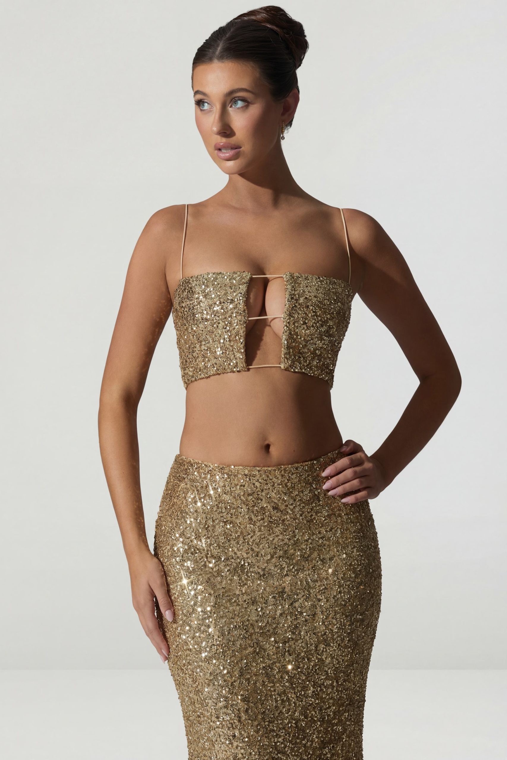 Embellished Cut-Out Crop Top in Gold - Image 6
