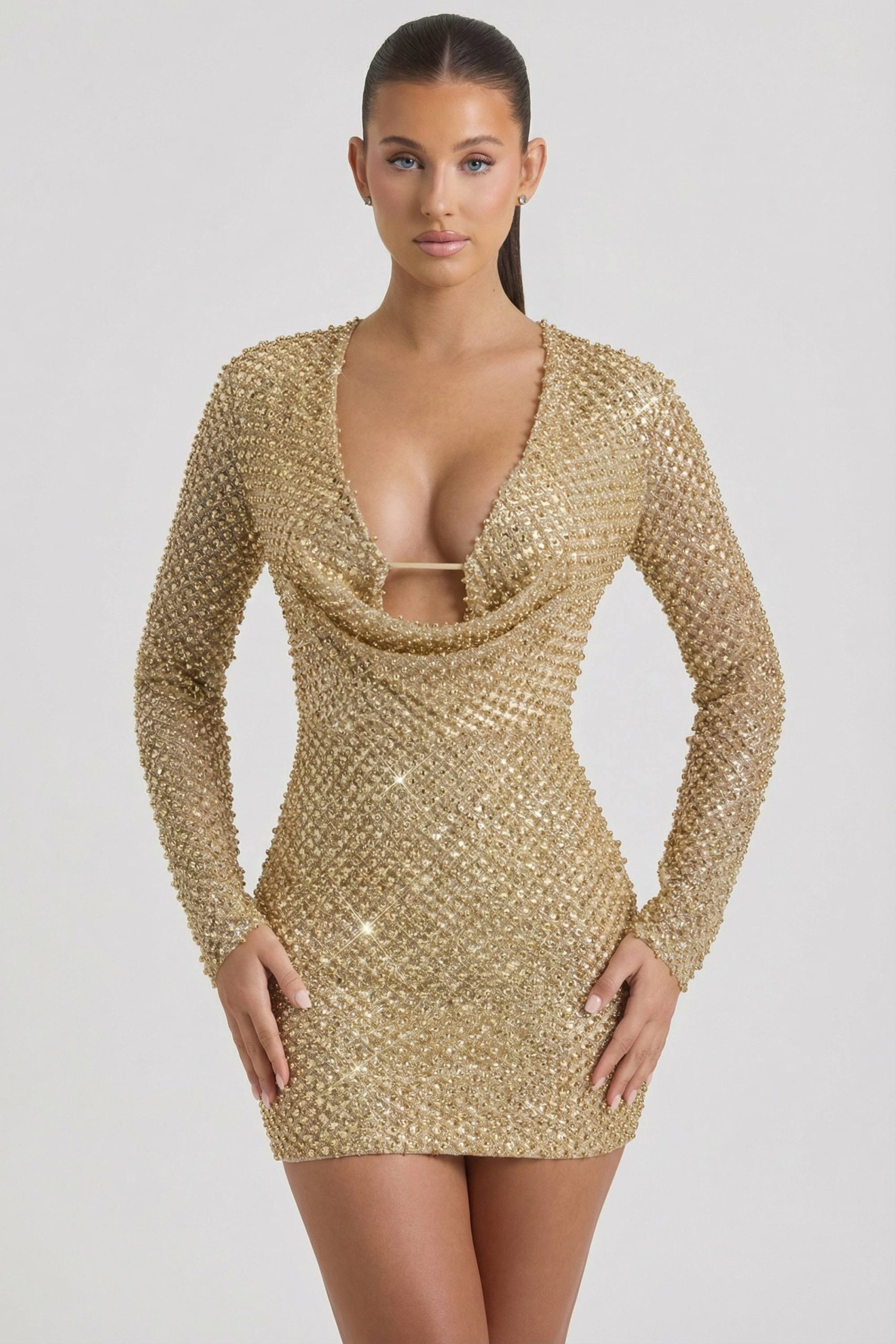 Embellished Cowl-Neck Mini Dress in Gold