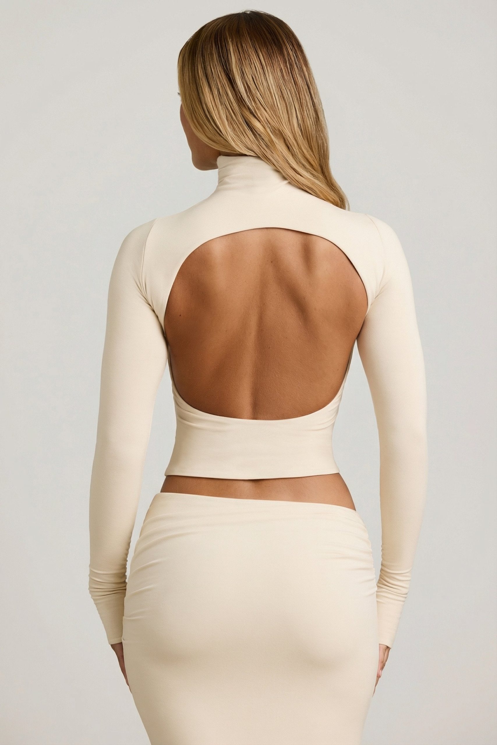 Modal Ruched Backless Turtleneck Top in Ivory - Image 2