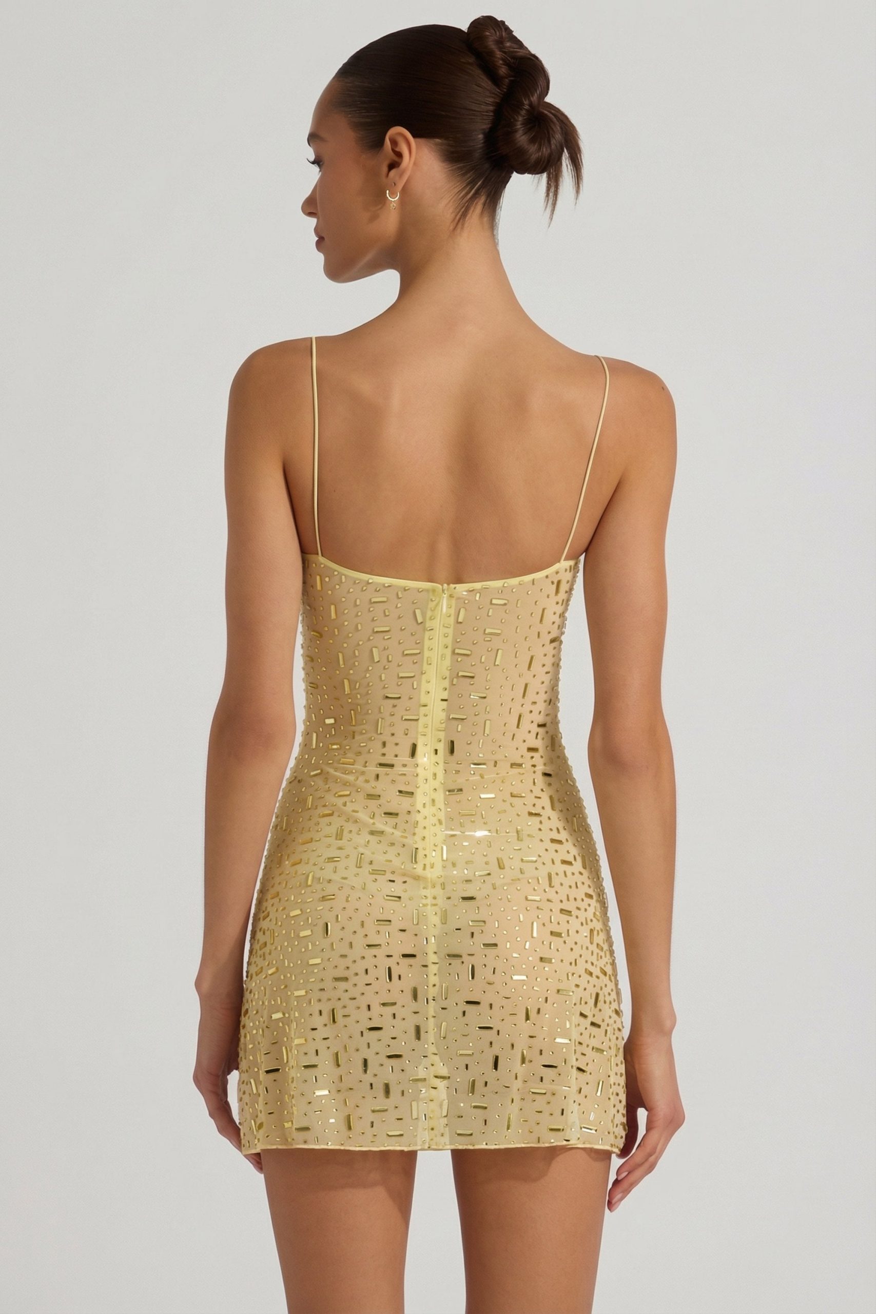 Sheer Embellished Square-Neck Mini Dress in Yellow - Image 2