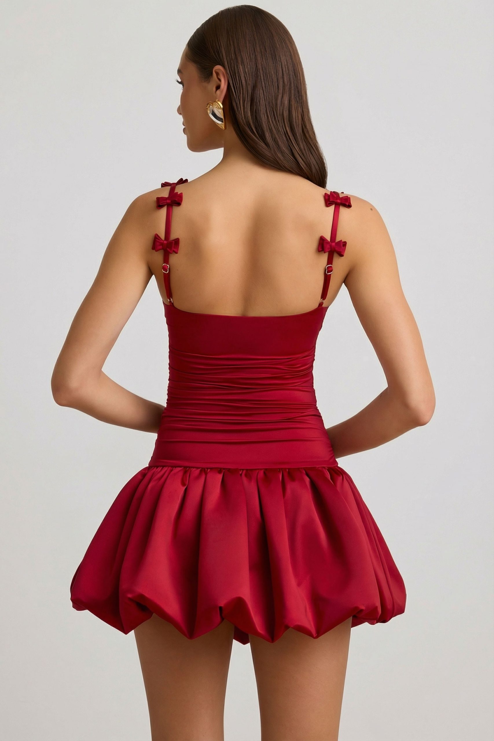 Bow-Detail Ruched Bubble Hem Mini Dress in True Red - Image 2