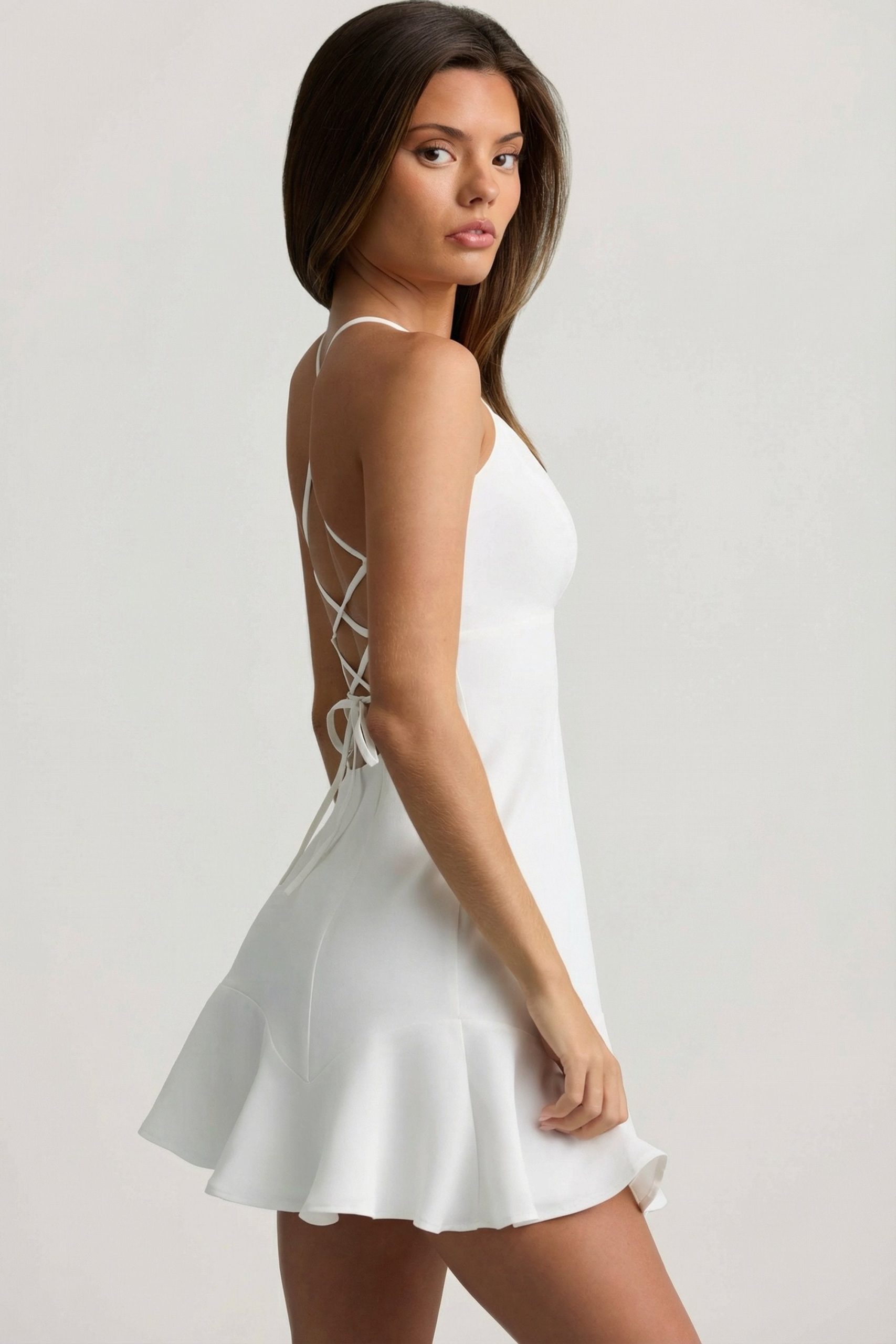 Drop-Waist Lace-Up Mini Dress in White - Image 3