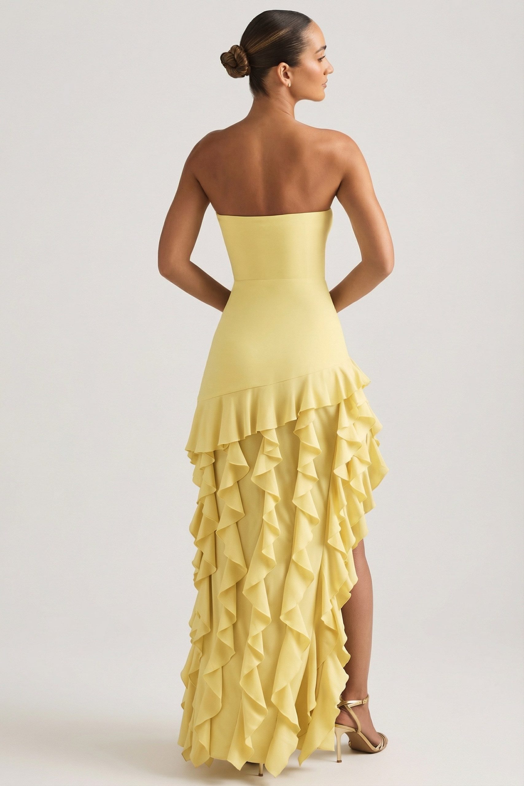 Ruffle-Trim Strapless Gown in Pastel Yellow - Image 5