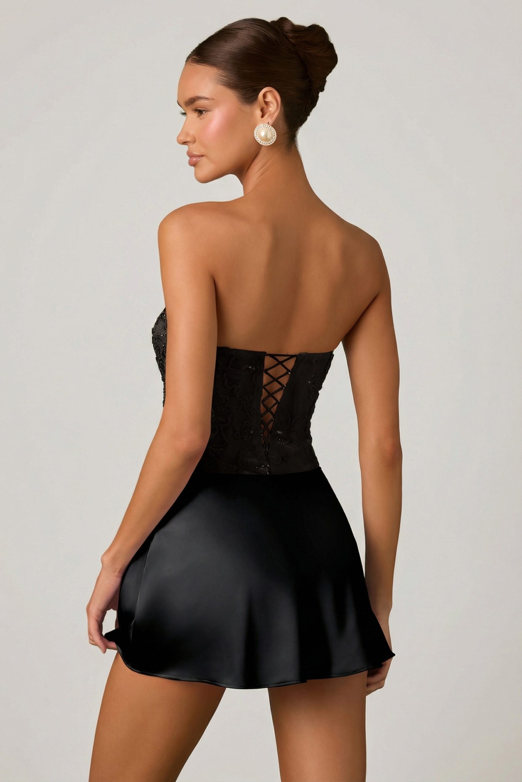 Embellished Draped Strapless A-Line Mini Dress in Black - Image 2