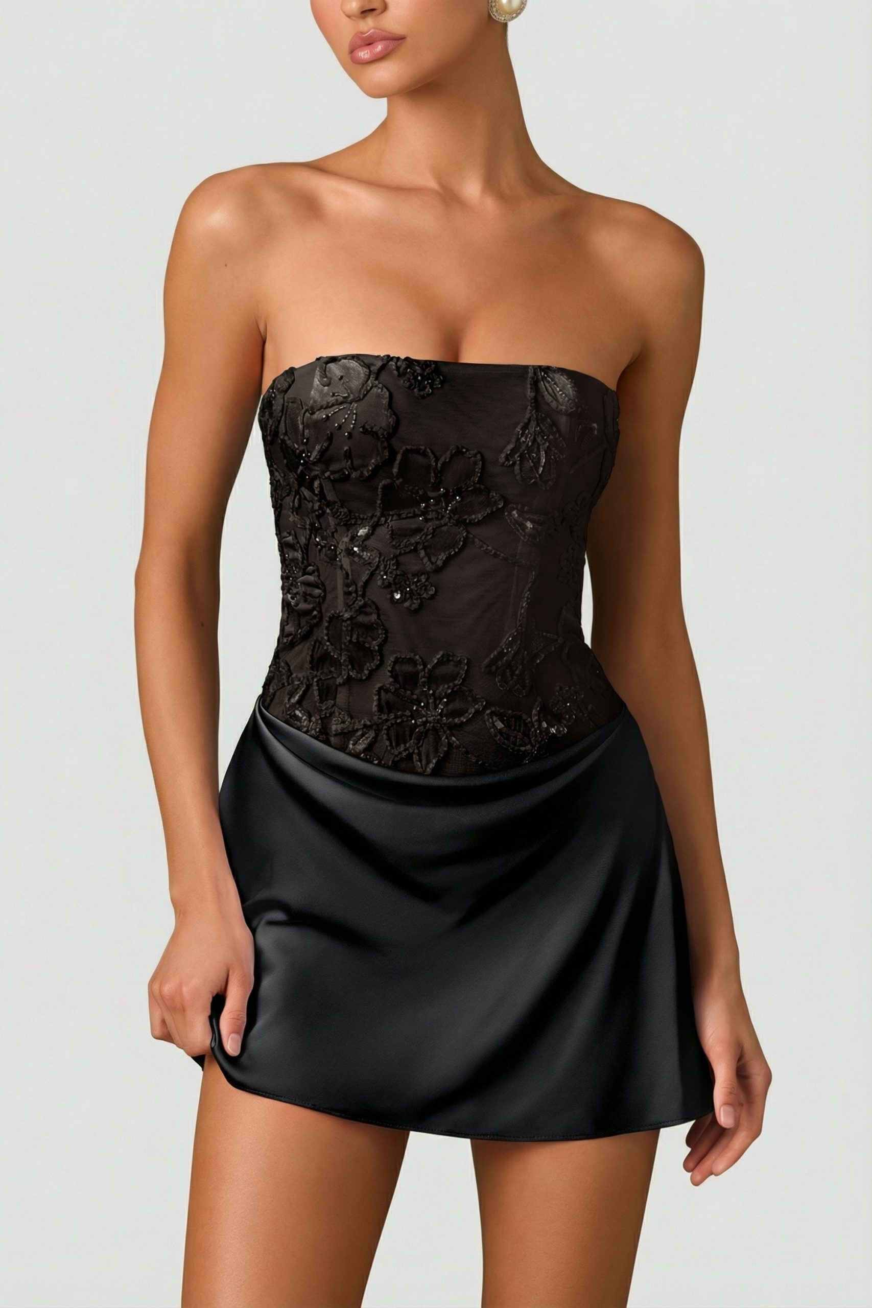 Embellished Draped Strapless A-Line Mini Dress in Black - Image 3
