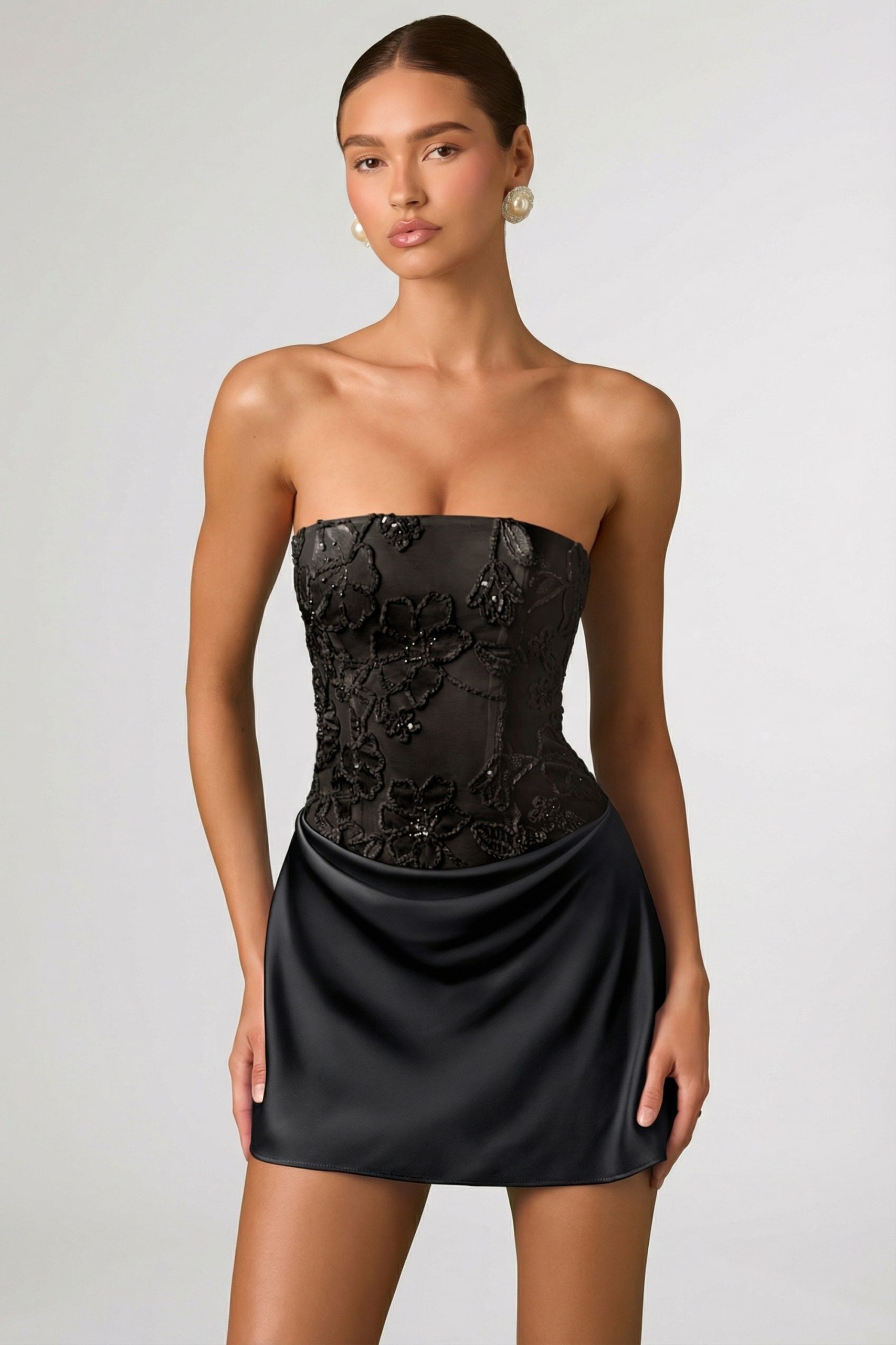 Embellished Draped Strapless A-Line Mini Dress in Black - Image 6