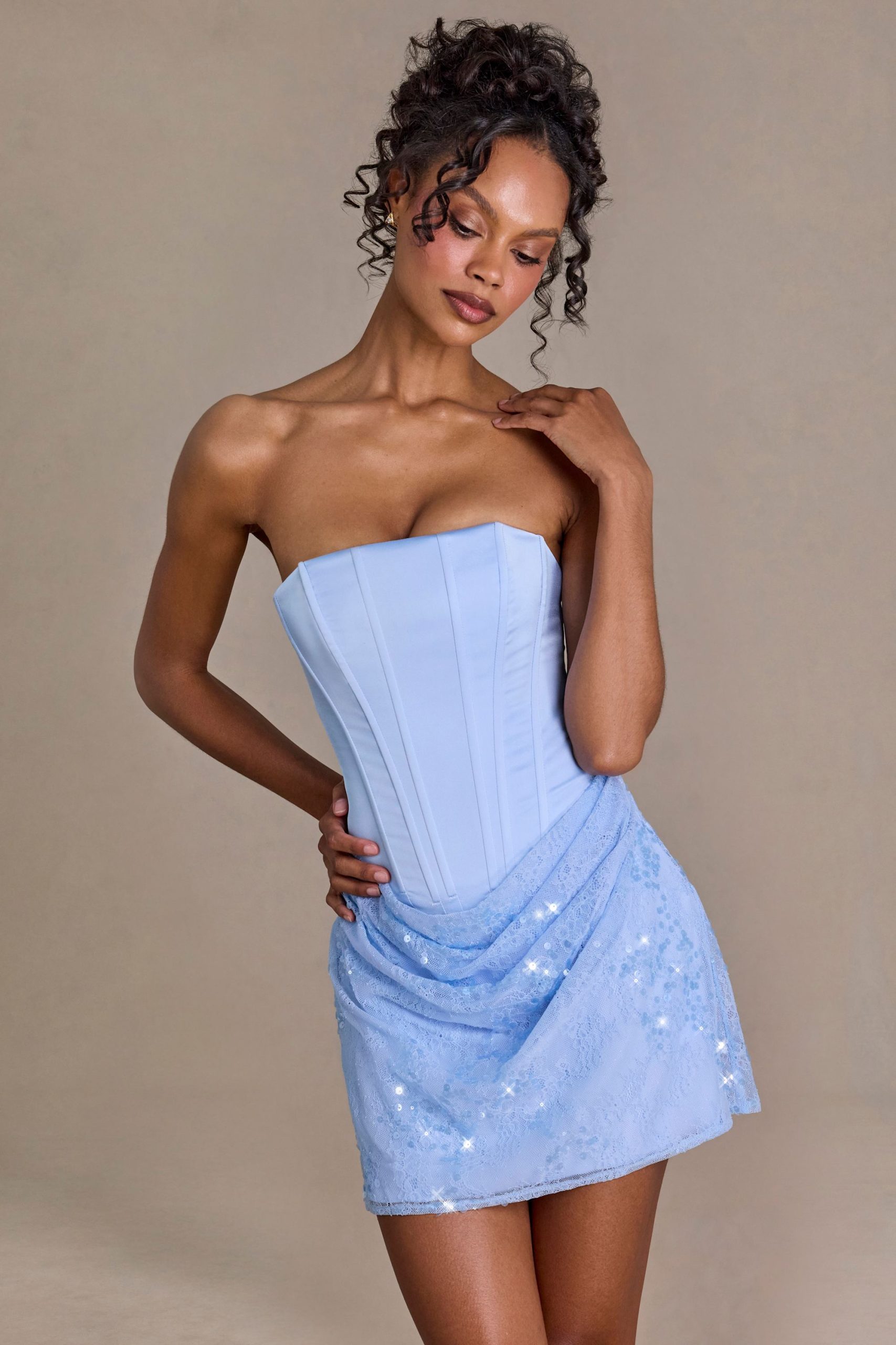 Premium Satin Embellished Skirt Mini Dress in Sky Blue - Image 5