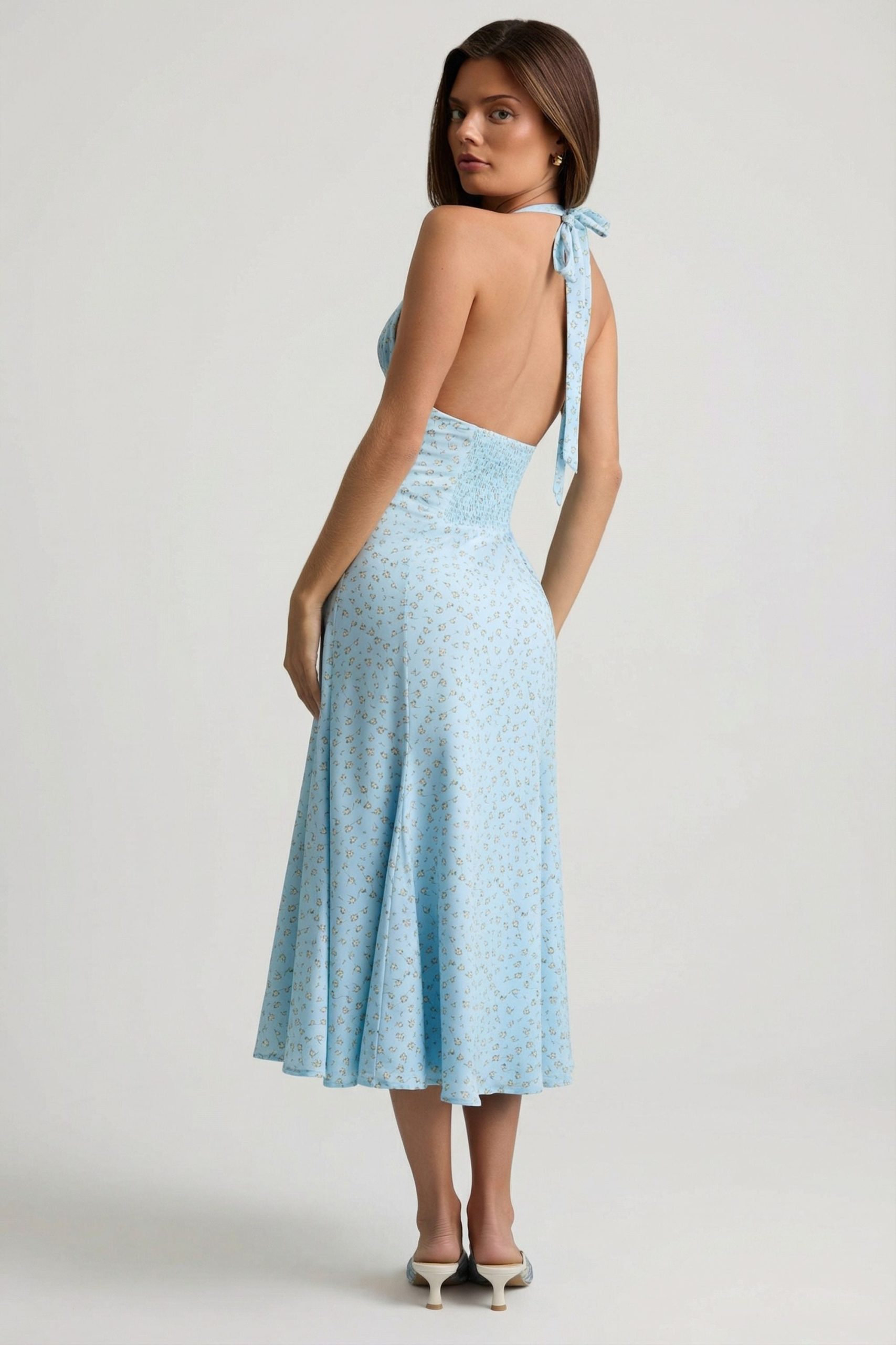 Halterneck Midaxi Dress in Blue Flower Print - Image 2