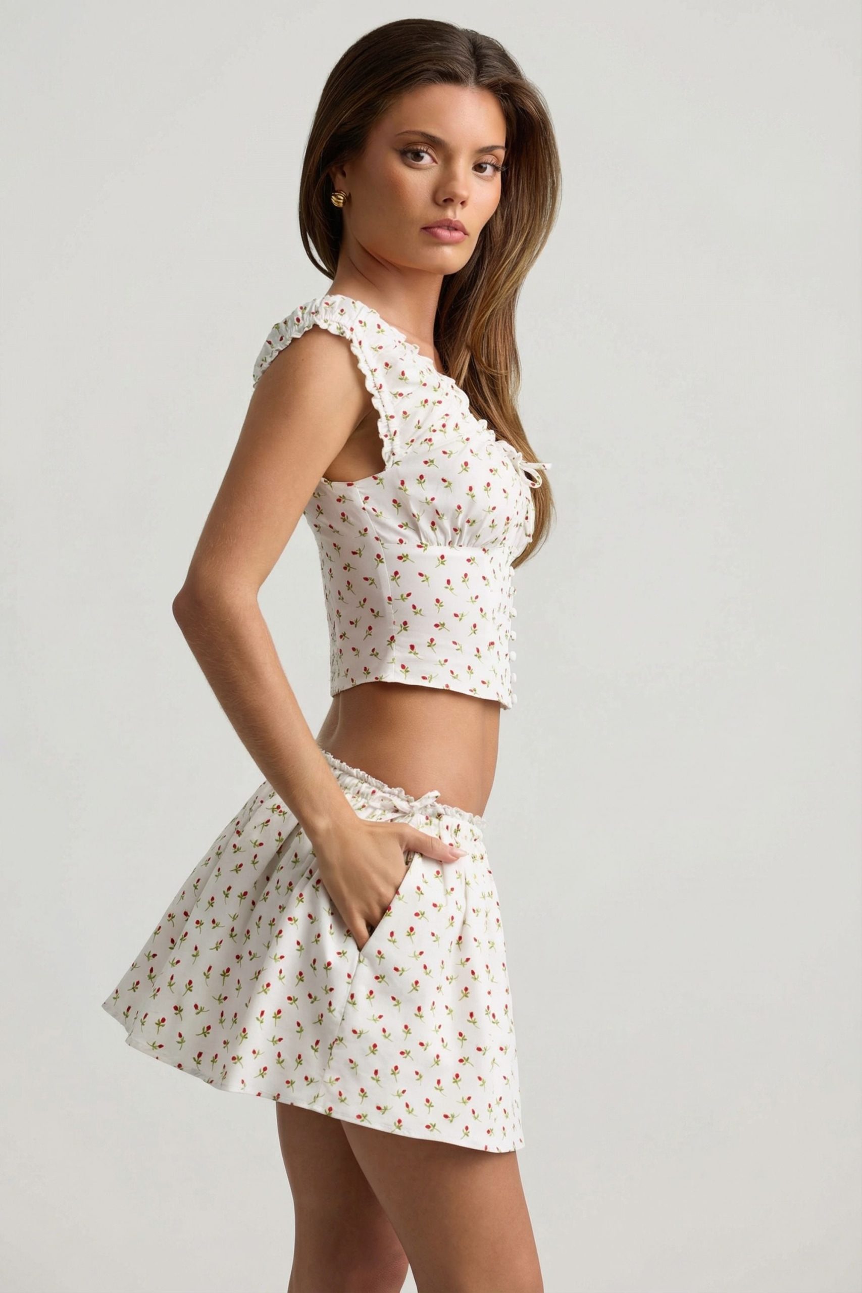 Ruched Cotton-Poplin Corset Top in Rose Print - Image 3