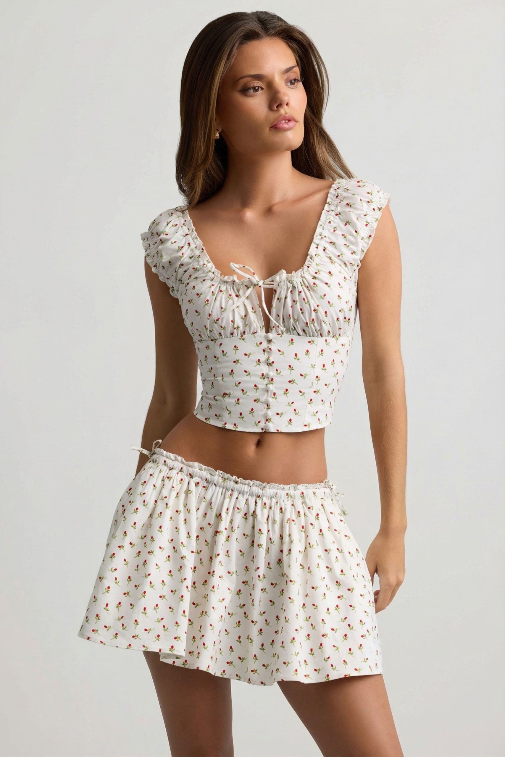 Ruched Cotton-Poplin Corset Top in Rose Print - Image 7