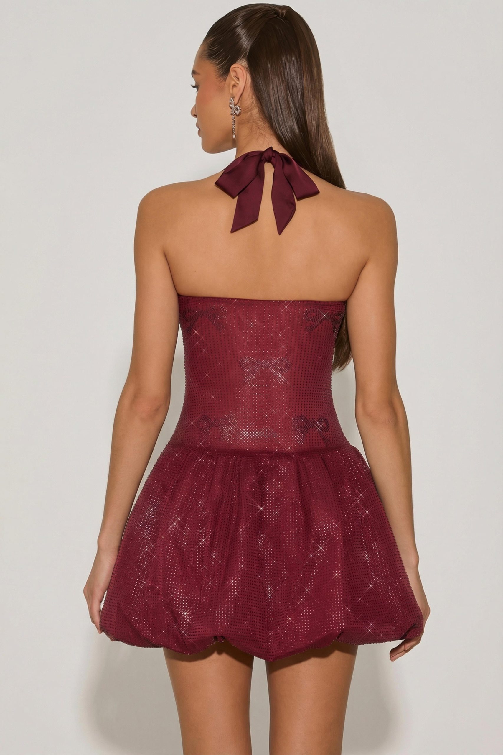 Embellished Halterneck Bubble Hem Mini Dress in Wine Red - Image 2