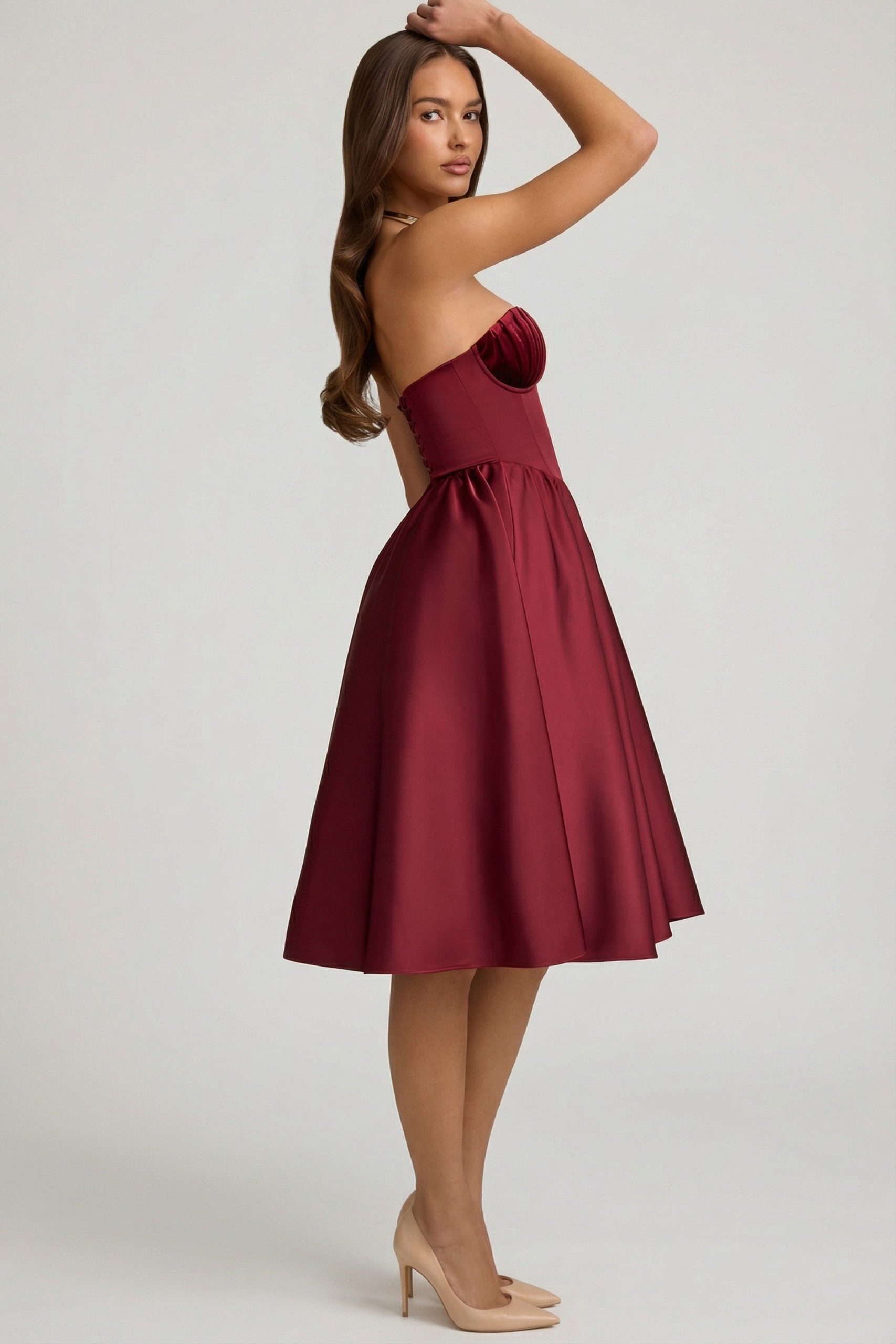 Strapless Corset Midi Dress in Wine Red - Image 3