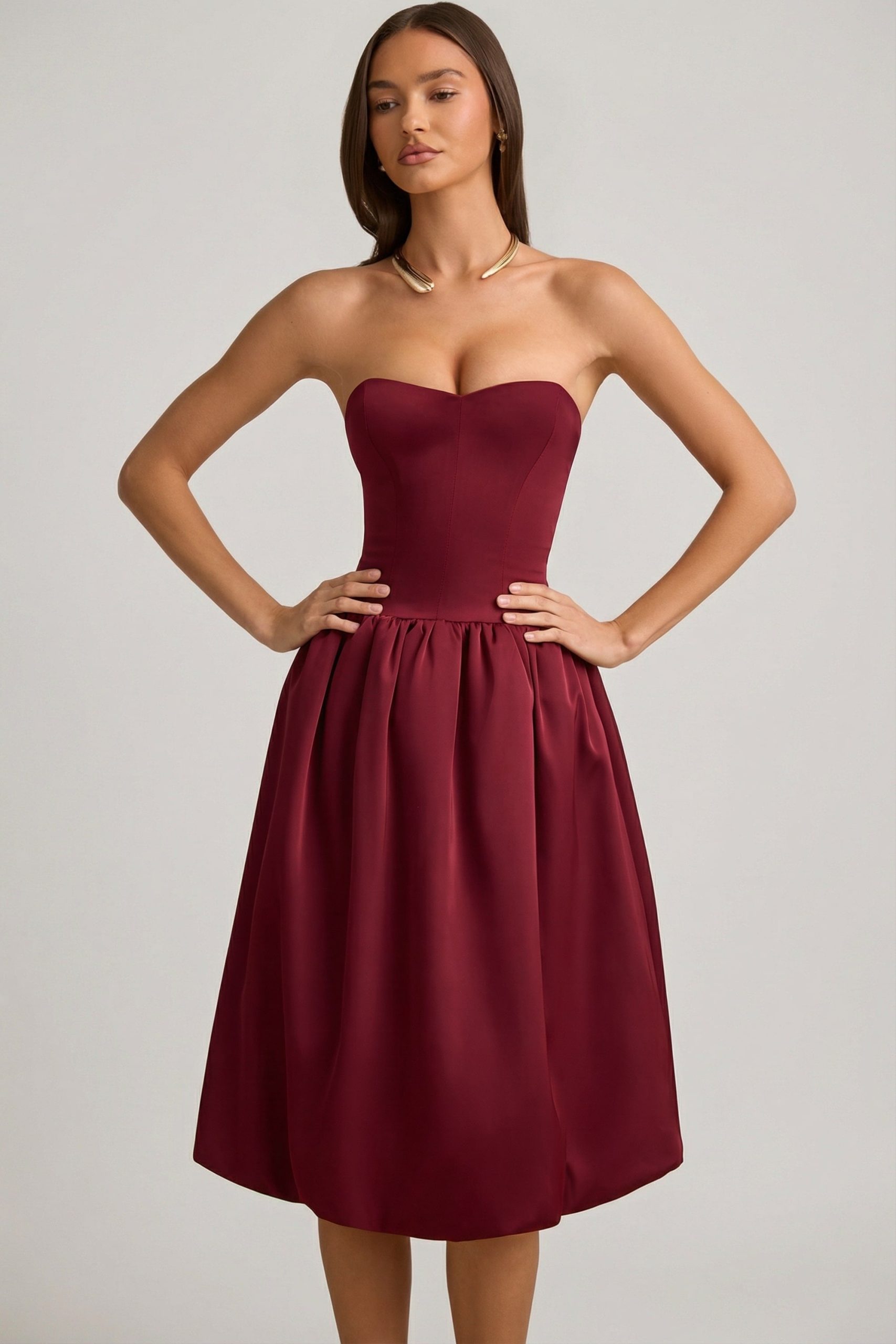 Convertible Bow-Detail Bubble Hem Midaxi Dress in Wine Red - Image 10