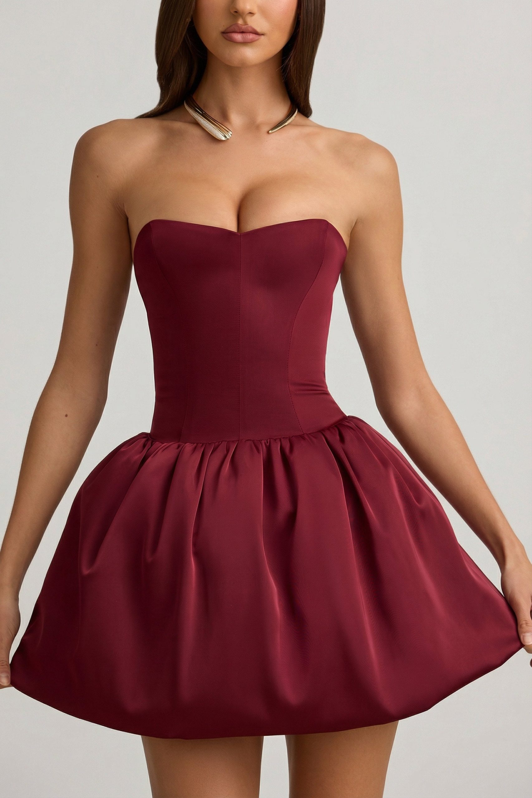 Convertible Bow-Detail Bubble Hem Midaxi Dress in Wine Red - Image 6