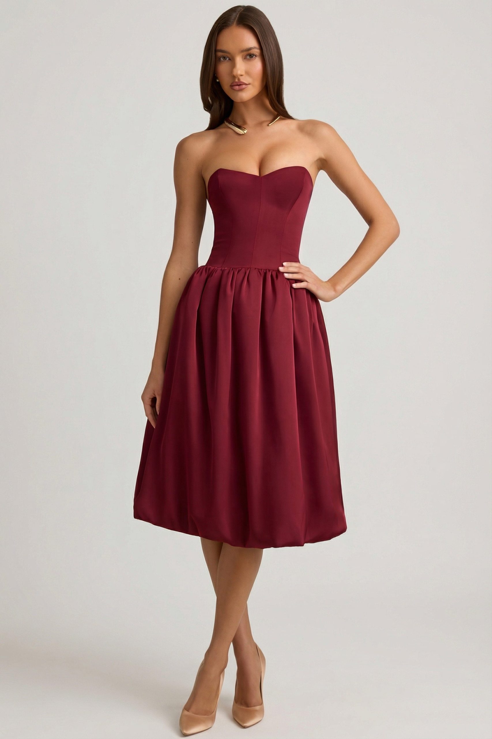 Convertible Bow-Detail Bubble Hem Midaxi Dress in Wine Red - Image 2