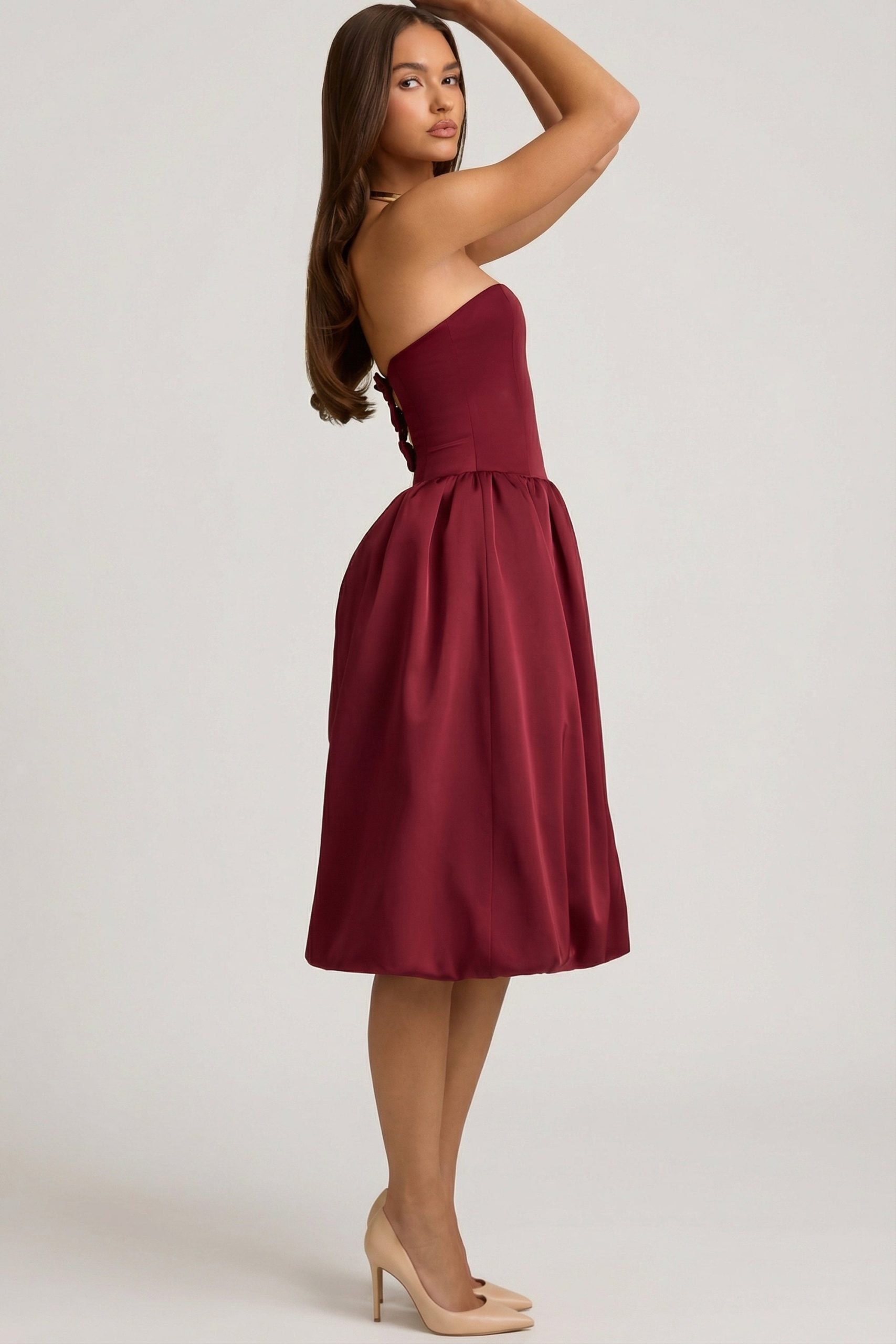 Convertible Bow-Detail Bubble Hem Midaxi Dress in Wine Red - Image 11