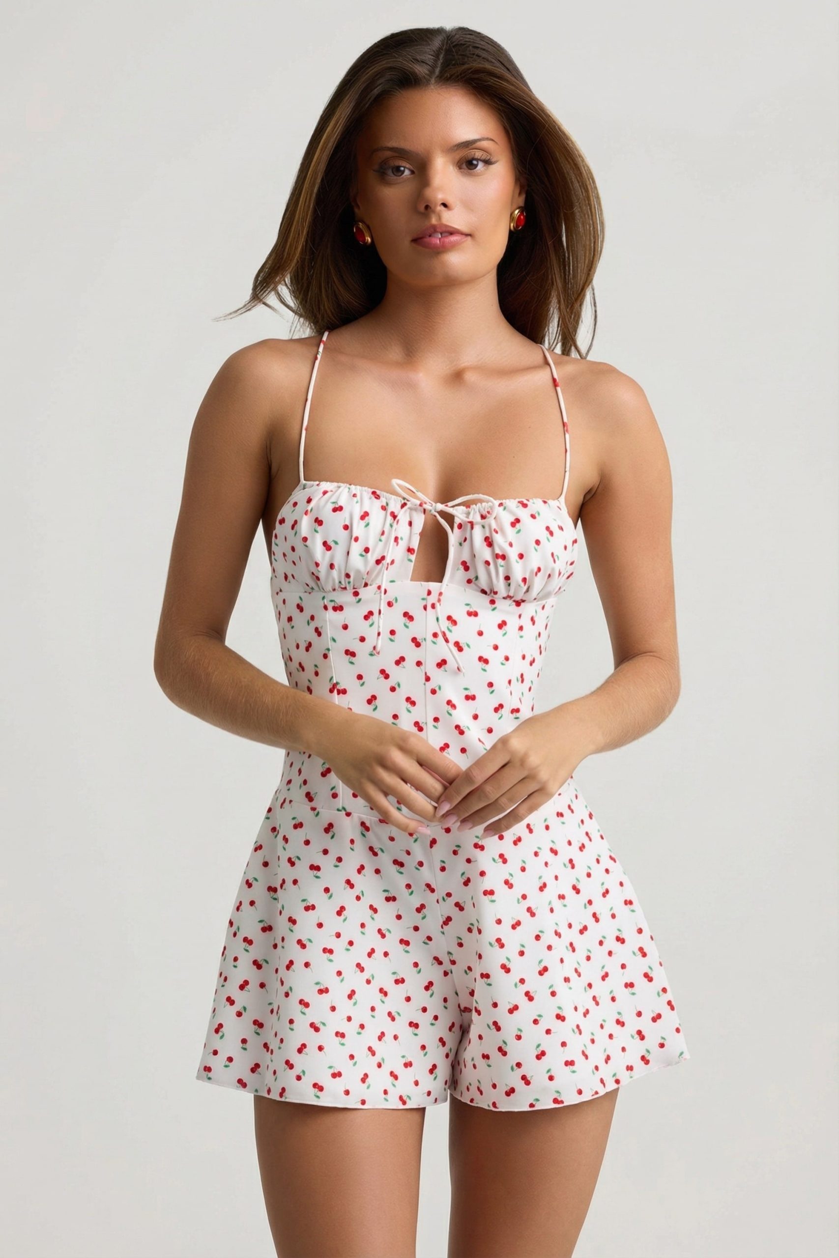 Ruched Backless Playsuit in Cherry Print - Image 6