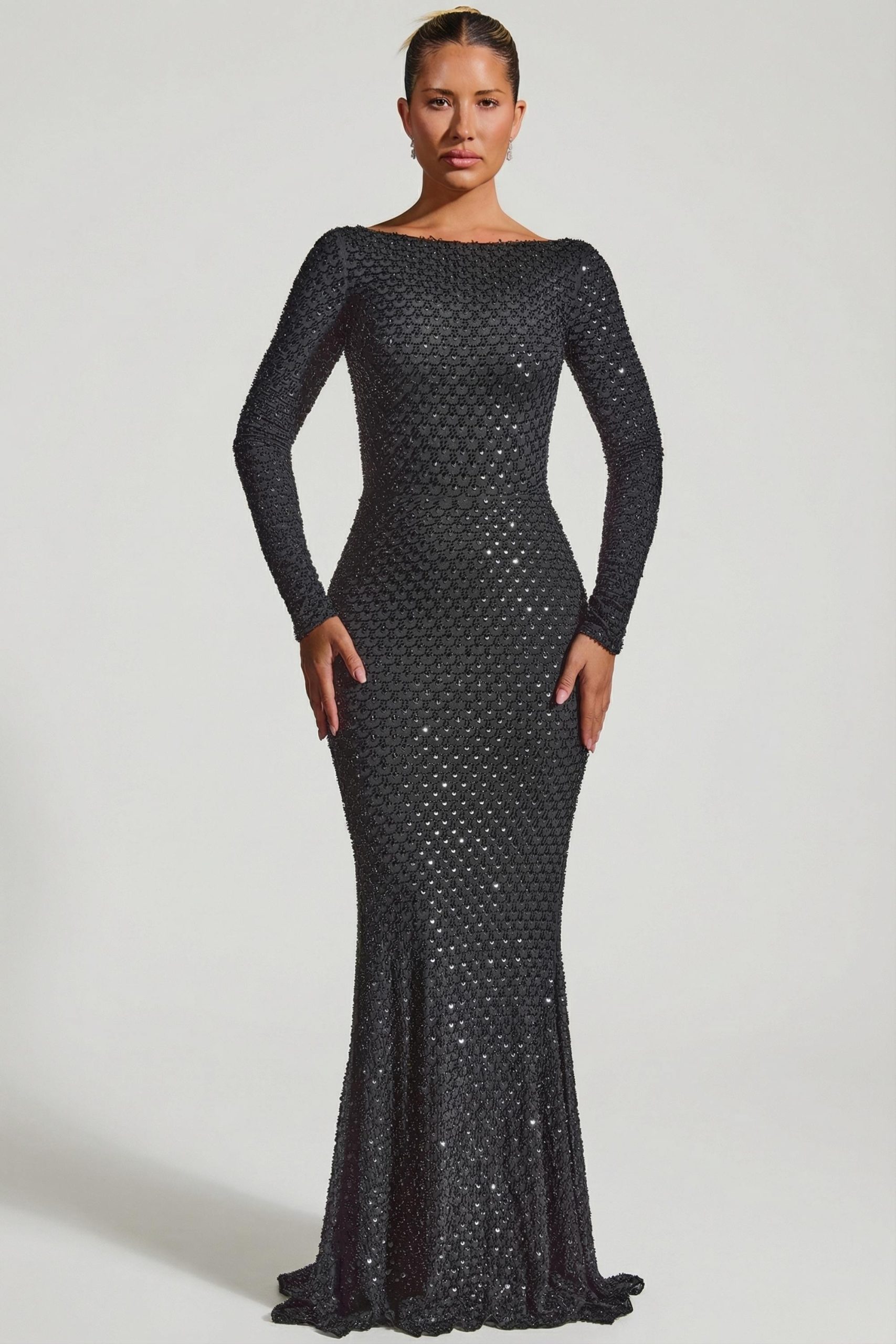 Embellished Open-Back Gown in Black - Image 6