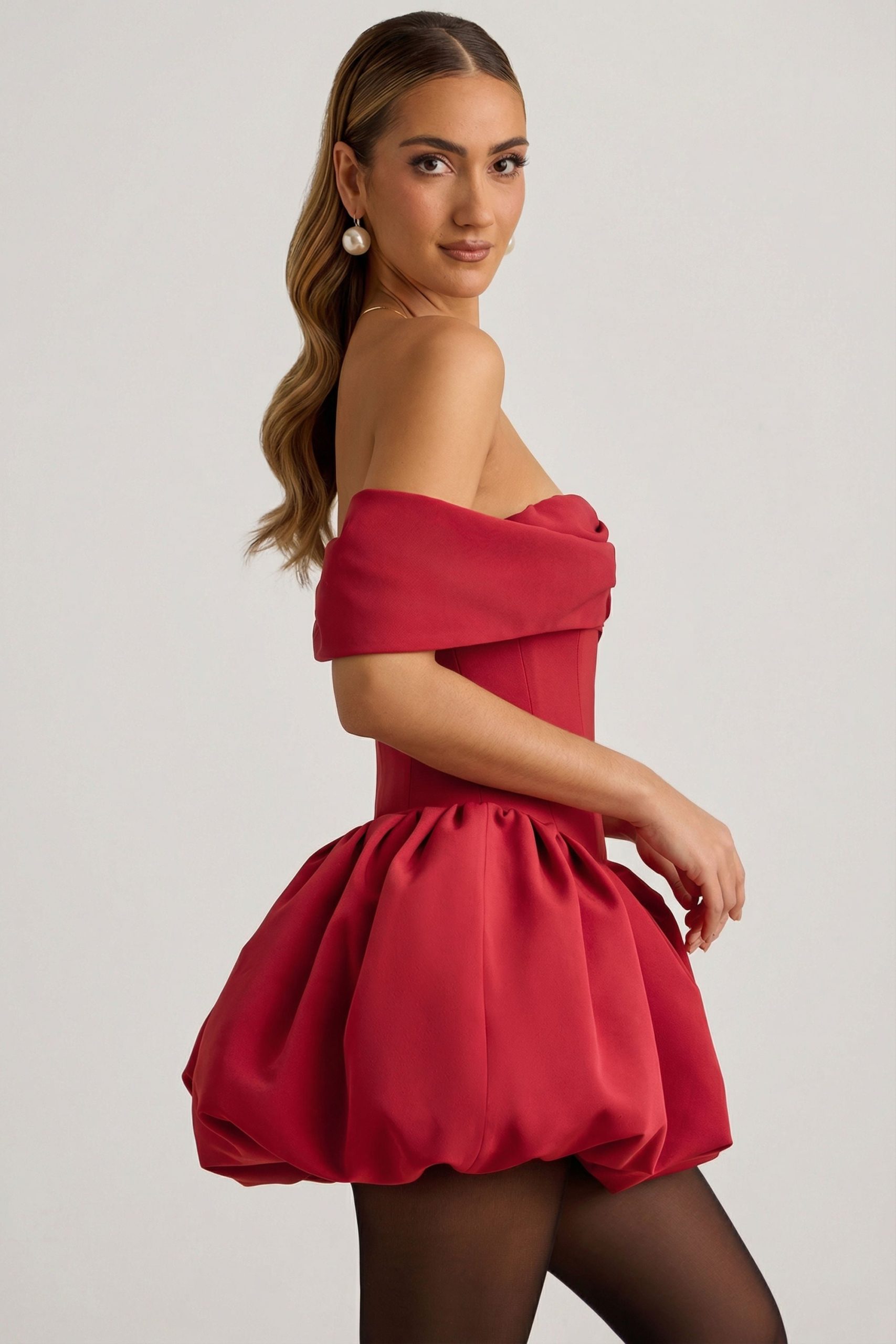 Off-Shoulder Layered Bubble Hem Corset Mini Dress in True Red - Image 3