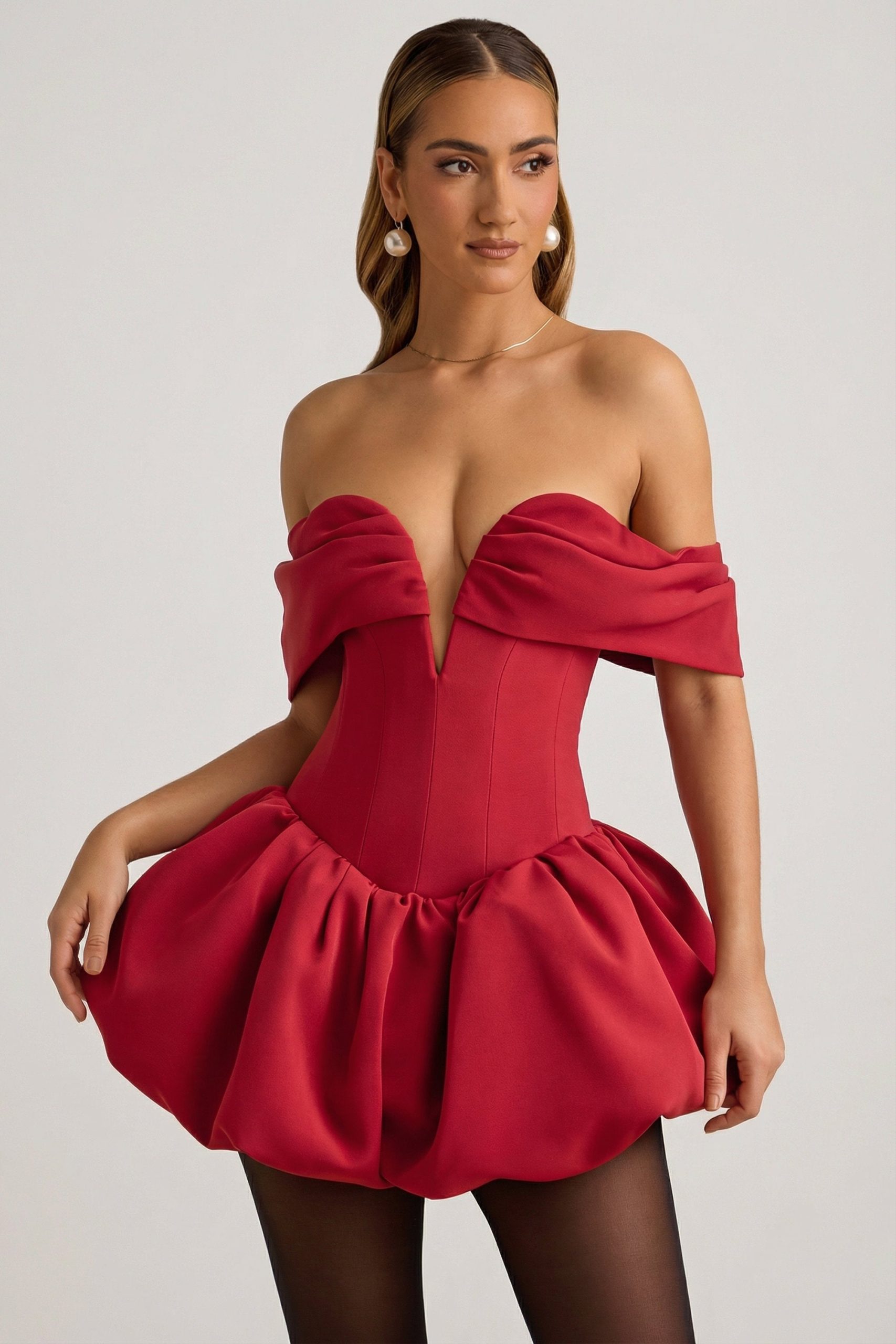 Off-Shoulder Layered Bubble Hem Corset Mini Dress in True Red - Image 8